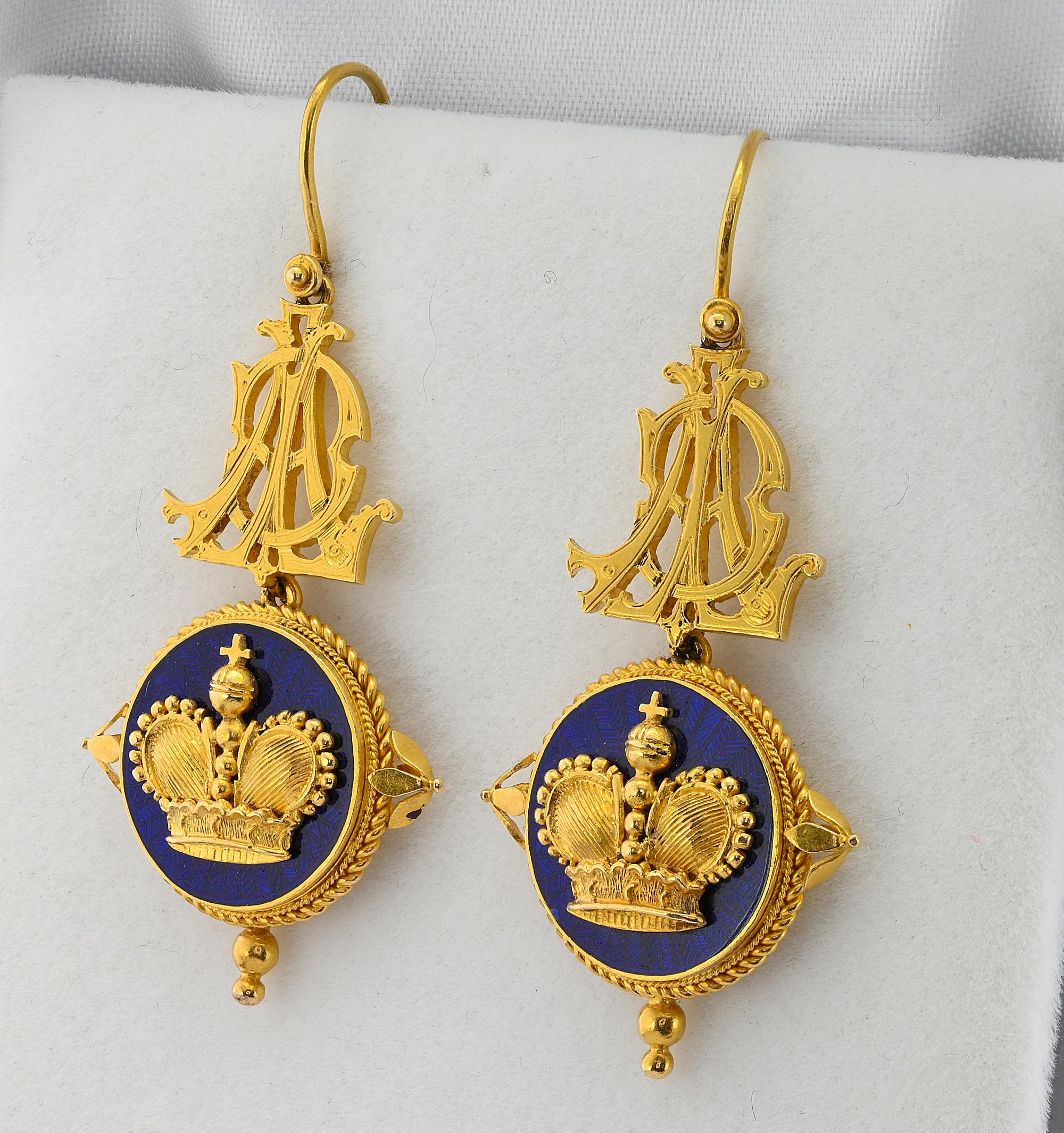 Victorian John Brogden  Crown Blue Enamel 18 KT Earrings For Sale 1