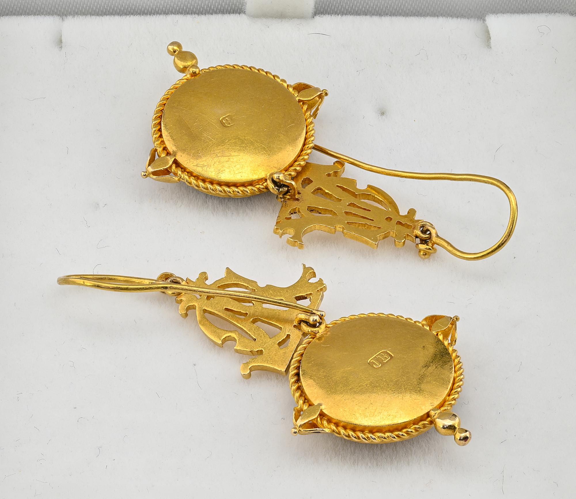 Victorian John Brogden  Crown Blue Enamel 18 KT Earrings For Sale 2