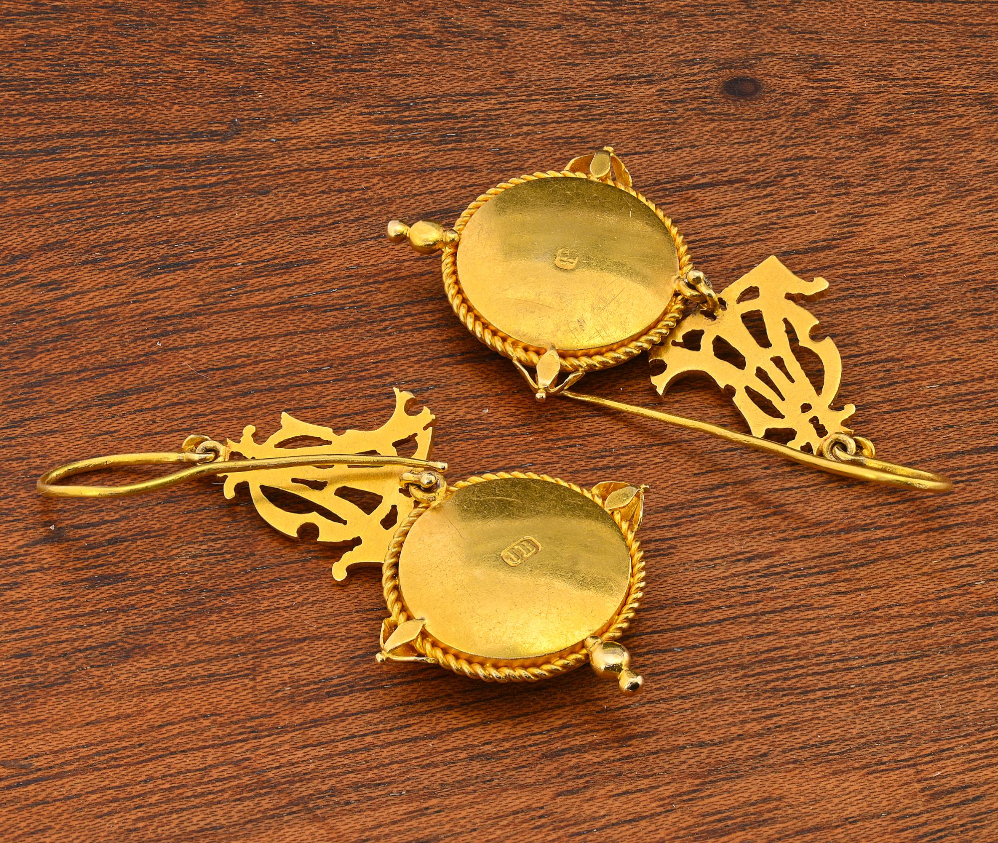 Victorian John Brogden  Crown Blue Enamel 18 KT Earrings For Sale 3