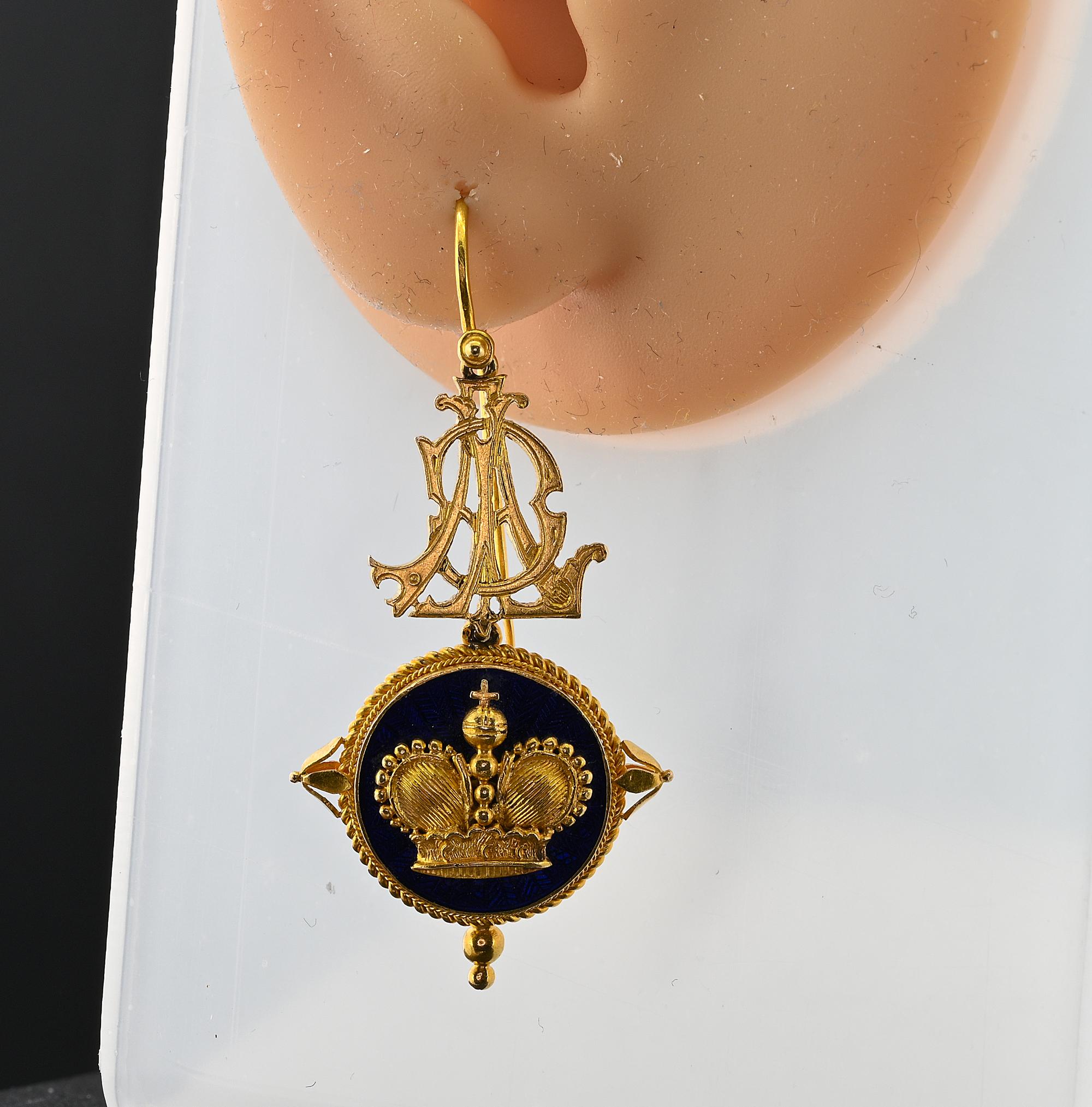 Victorian John Brogden  Crown Blue Enamel 18 KT Earrings For Sale 4