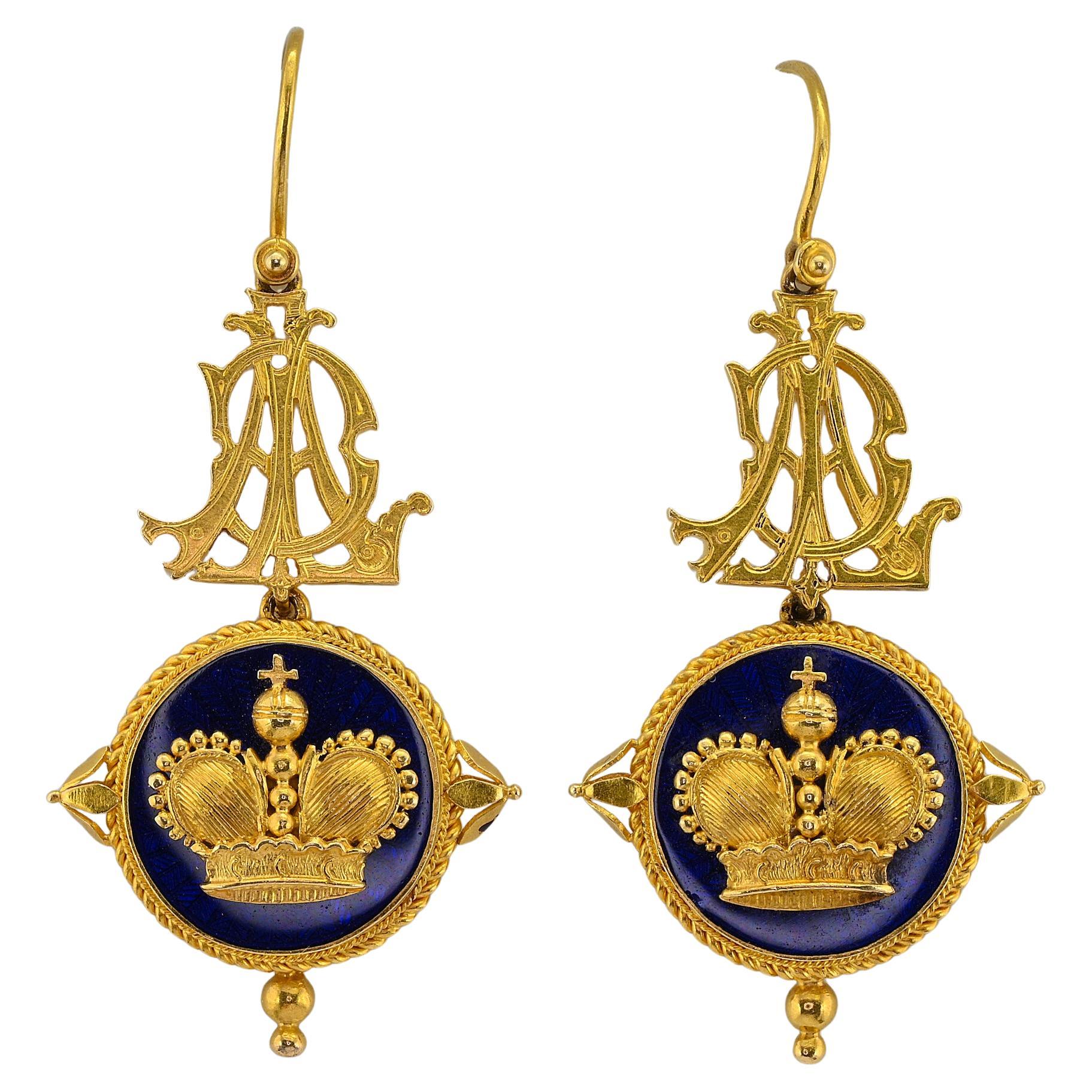 Victorian John Brogden  Crown Blue Enamel 18 KT Earrings