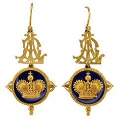 Victorian John Brogden  Crown Blue Enamel 18 KT Earrings