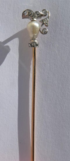 Victorian Jug or Can Natural Drop Pearl Diamonds 18 Karat Gold Platinum Stickpin