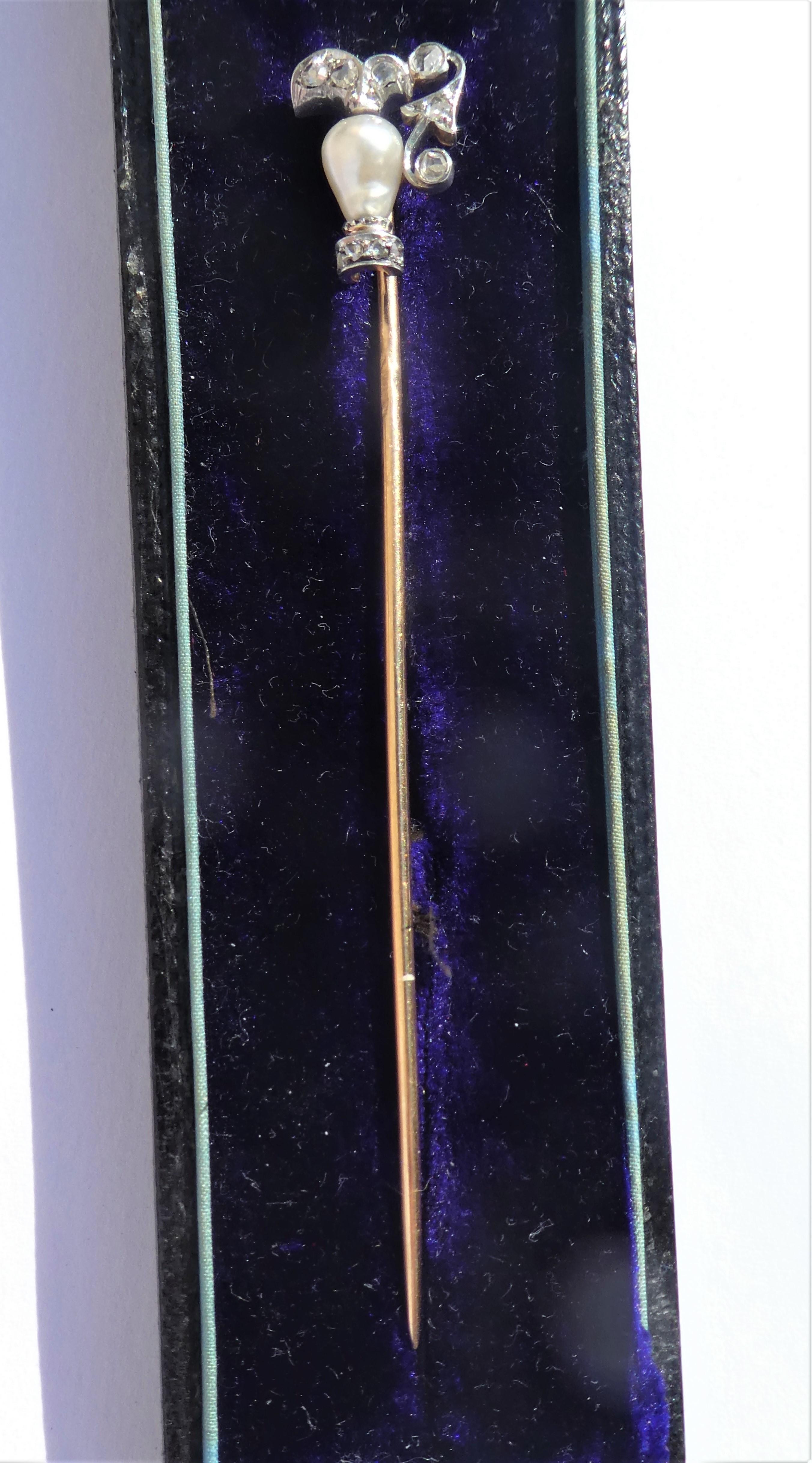 Late Victorian Victorian Jug or Can Natural Drop Pearl Diamonds 18 Karat Gold Platinum Stickpin For Sale
