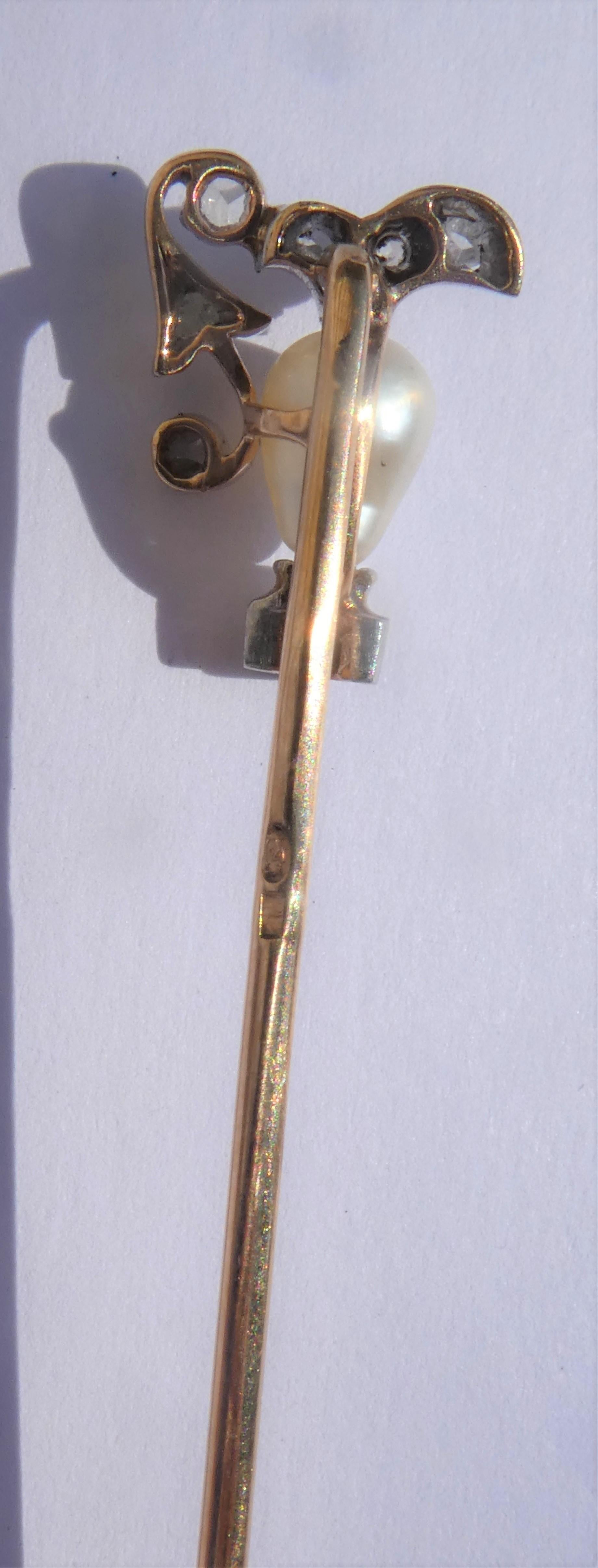 Victorian Jug or Can Natural Drop Pearl Diamonds 18 Karat Gold Platinum Stickpin In Excellent Condition For Sale In Munich, DE