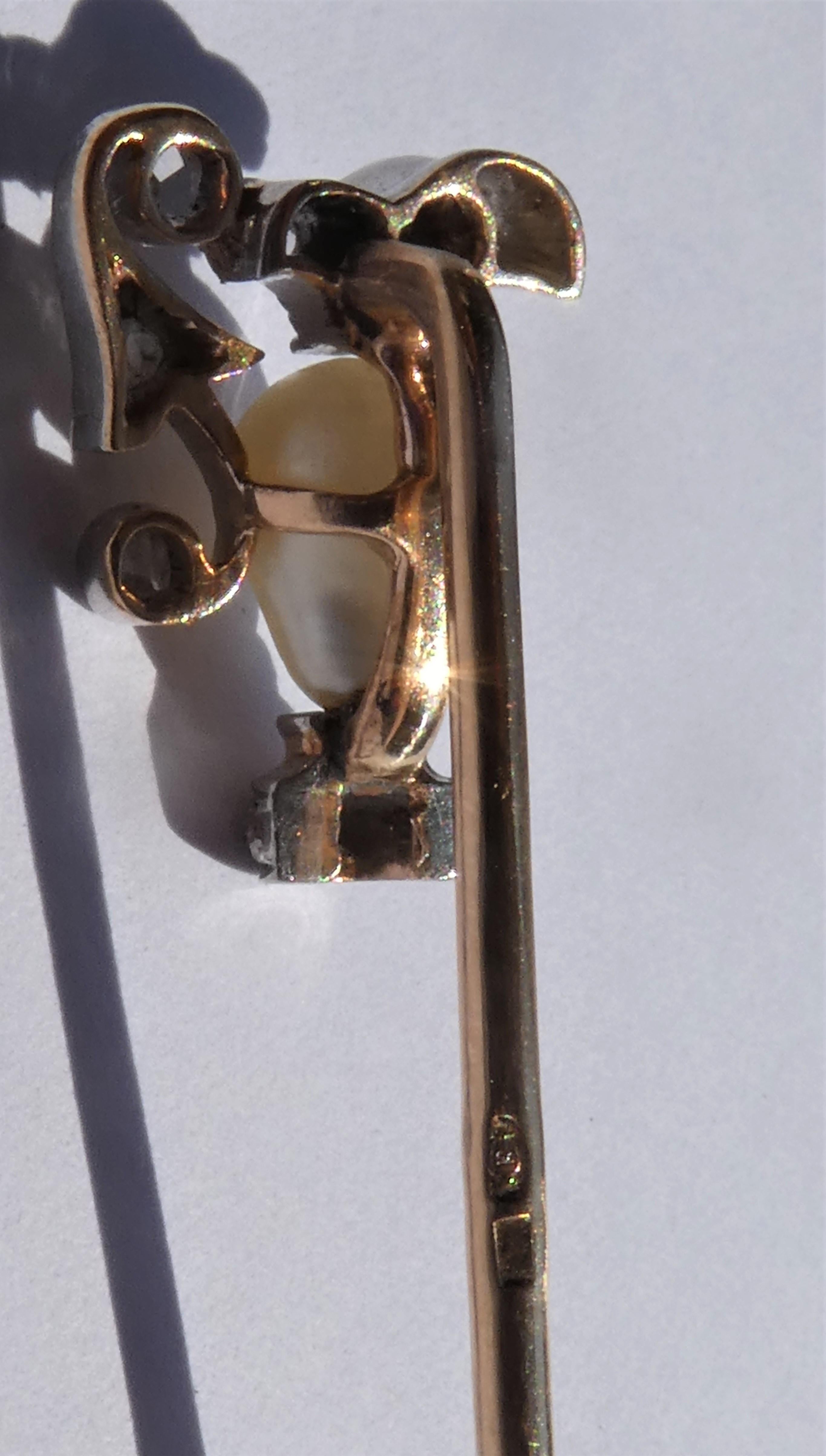 Women's or Men's Victorian Jug or Can Natural Drop Pearl Diamonds 18 Karat Gold Platinum Stickpin For Sale