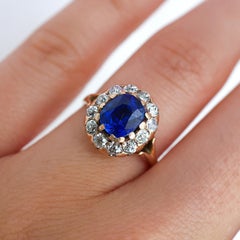 Victorian Kashmir Sapphire, Diamond and 14 Karat Gold Cluster Ring, Circa 1890