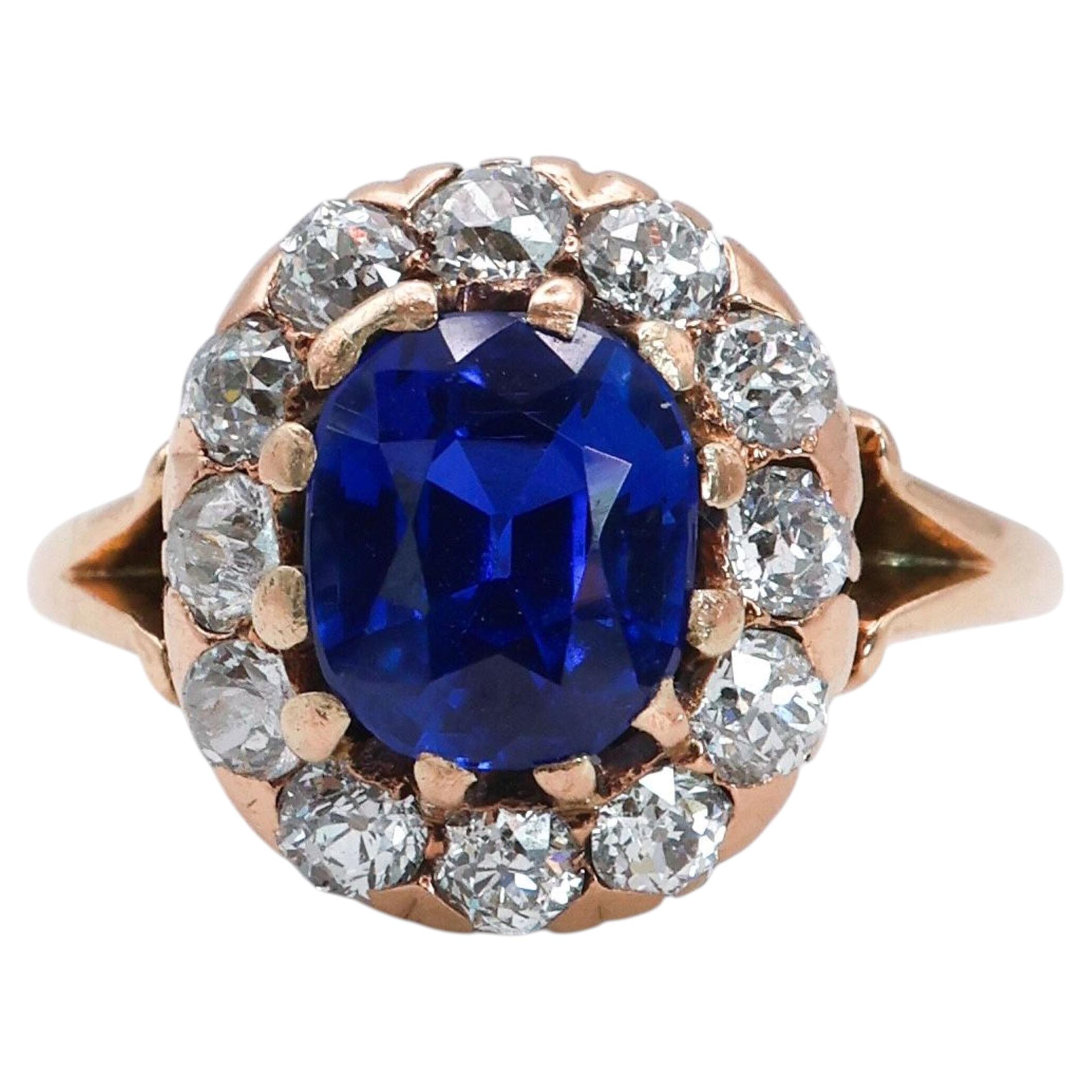 Bague victorienne en saphir du Cachemire, diamants et or 14 carats, vers 1890