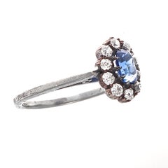 Victorian Kashmir Sapphire Diamond Gold and Silver Cluster Engagement Ring