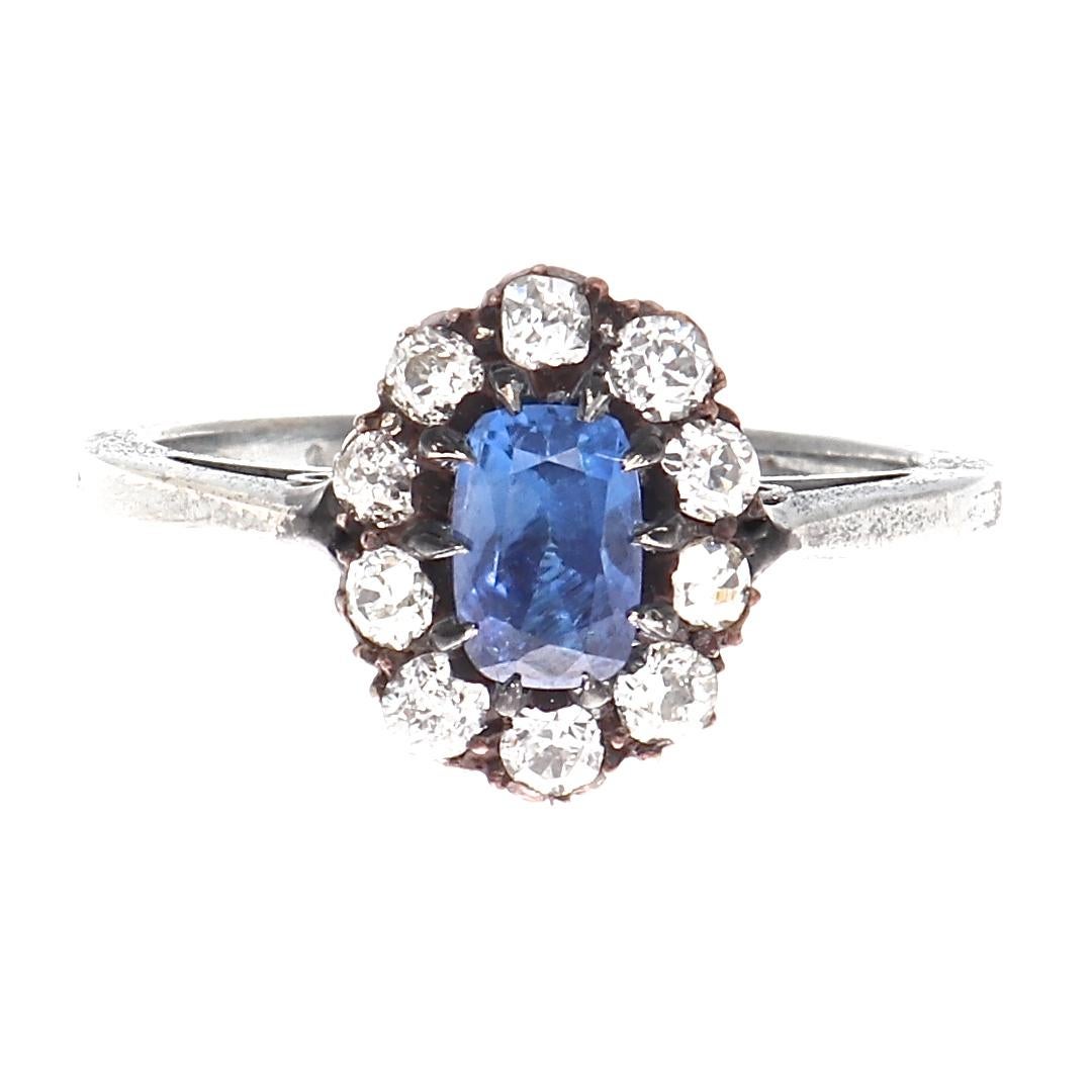 Victorian Kashmir Sapphire Diamond Gold and Silver Cluster Engagement Ring