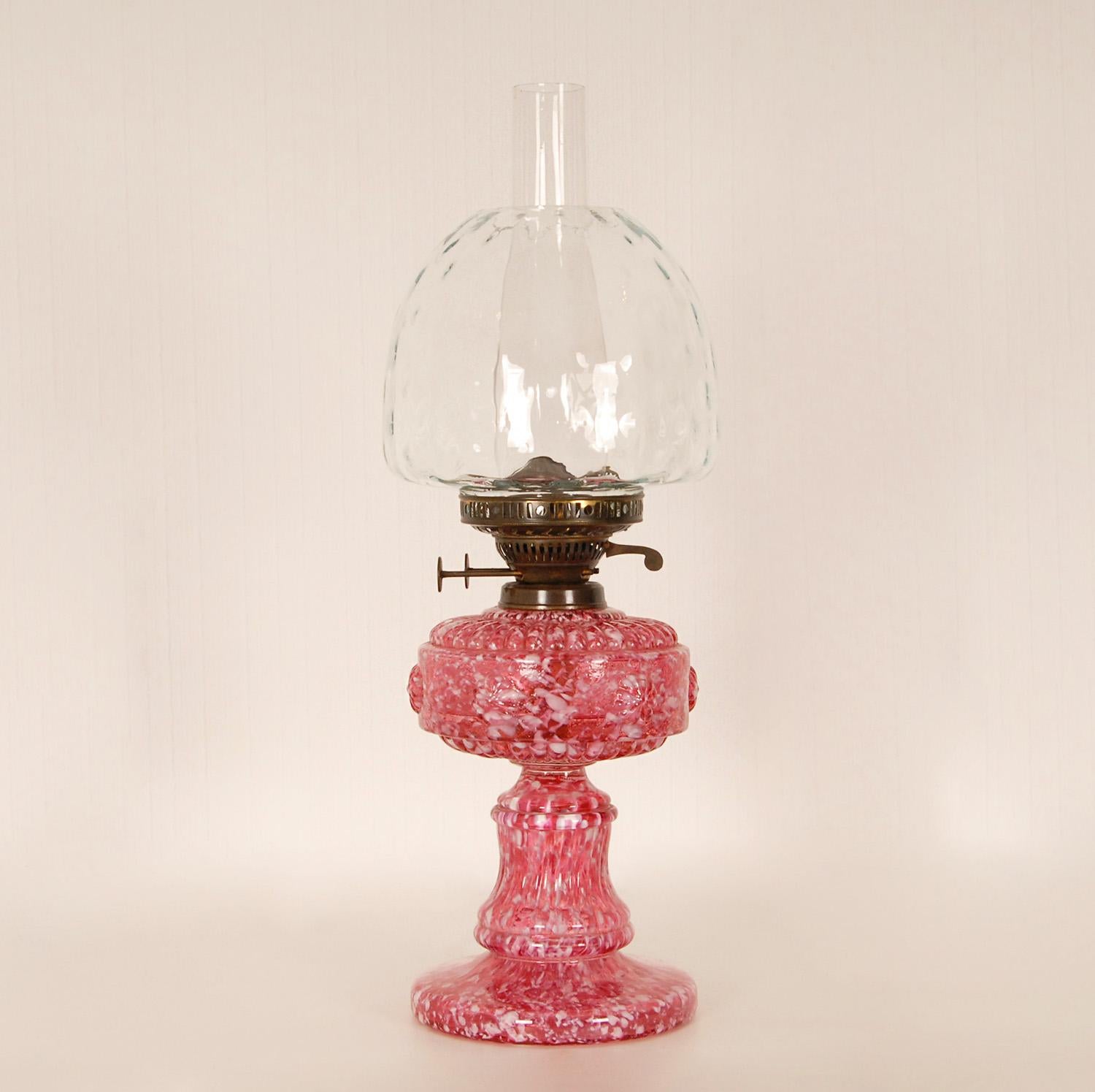 Brass Victorian Kerosene Lamp Oil Lamp Pink and White Blown Spatter Glass Table Lamp For Sale
