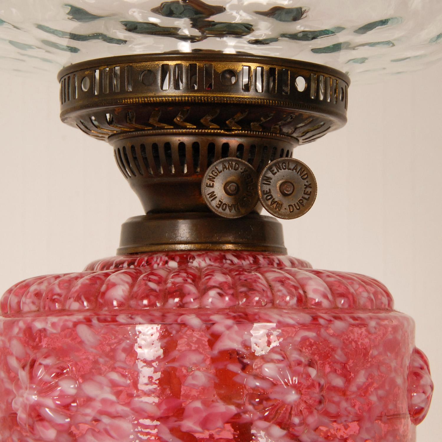 Art Nouveau Victorian Kerosene Lamp Oil Lamp Pink and White Blown Spatter Glass Table Lamp For Sale