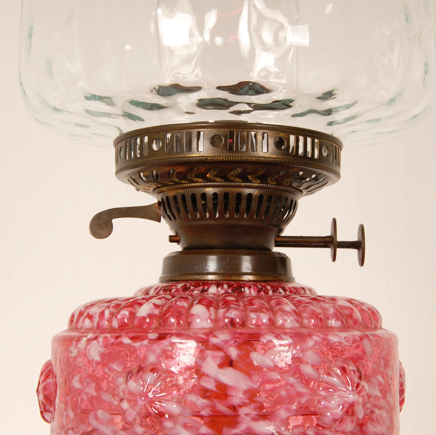 British Victorian Kerosene Lamp Oil Lamp Pink and White Blown Spatter Glass Table Lamp For Sale