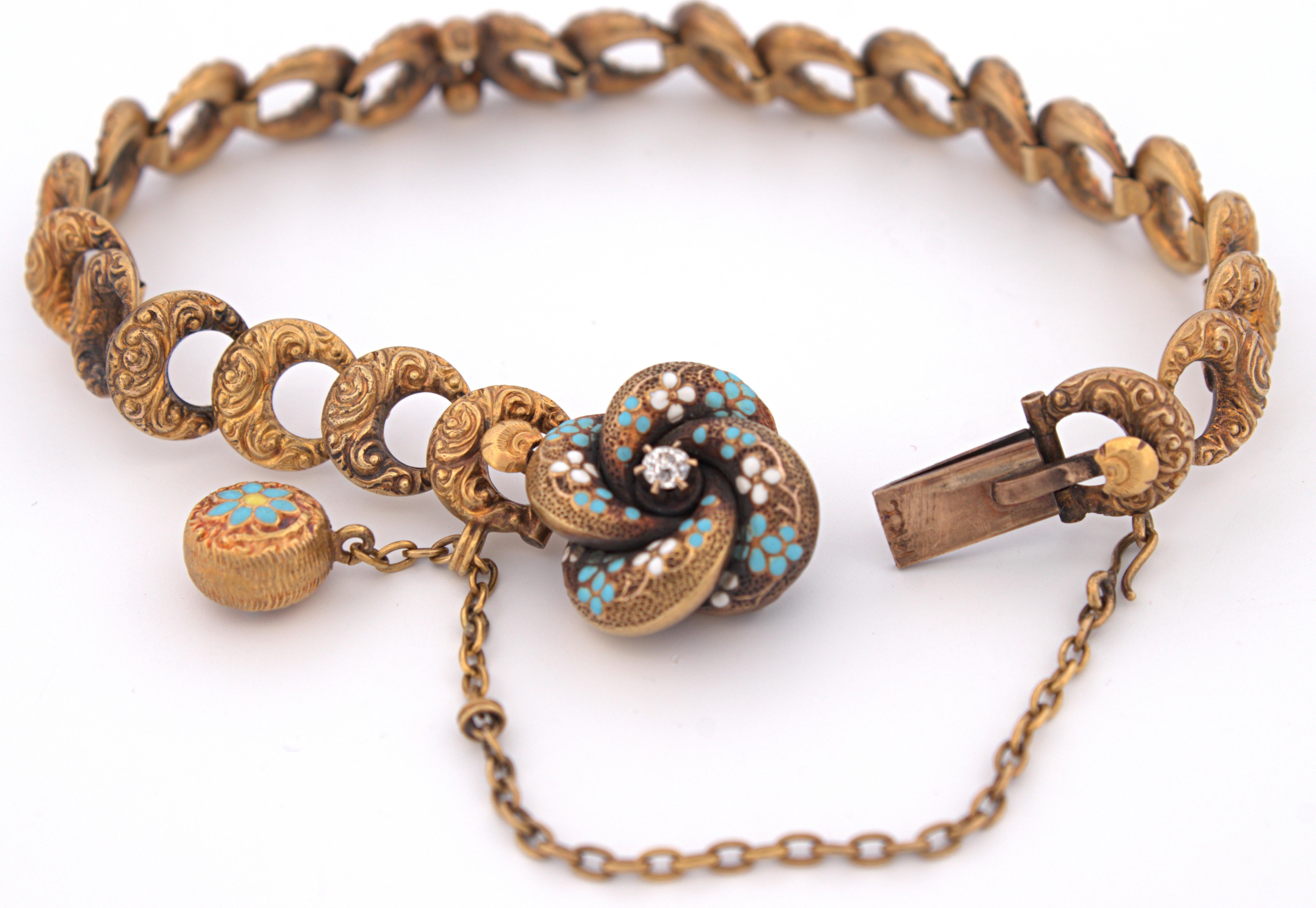 Viktorianisches Krementz-Gliederarmband aus 14 Karat Gelbgold mit Diamanten und Emaille im Angebot 4