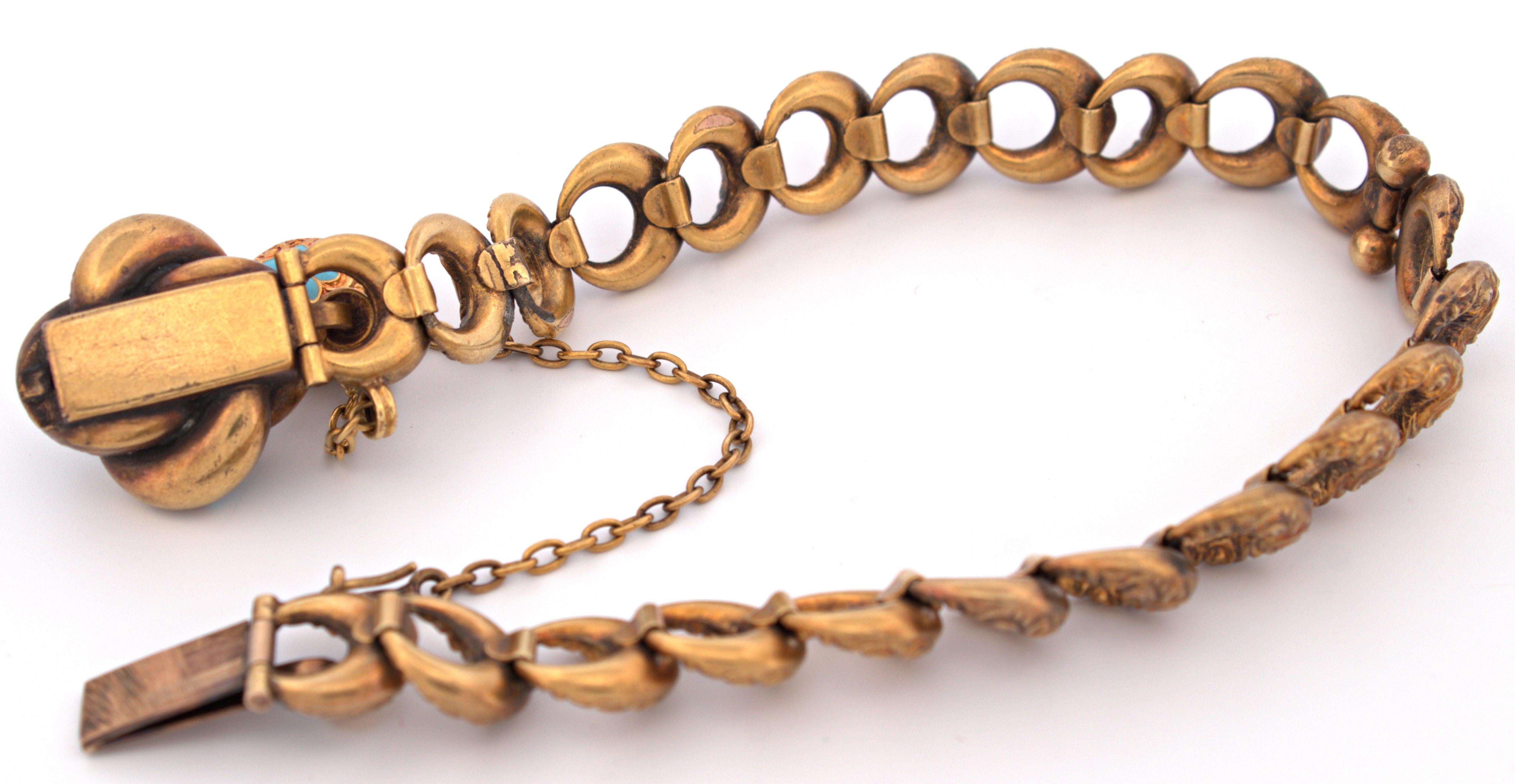 Viktorianisches Krementz-Gliederarmband aus 14 Karat Gelbgold mit Diamanten und Emaille im Angebot 5