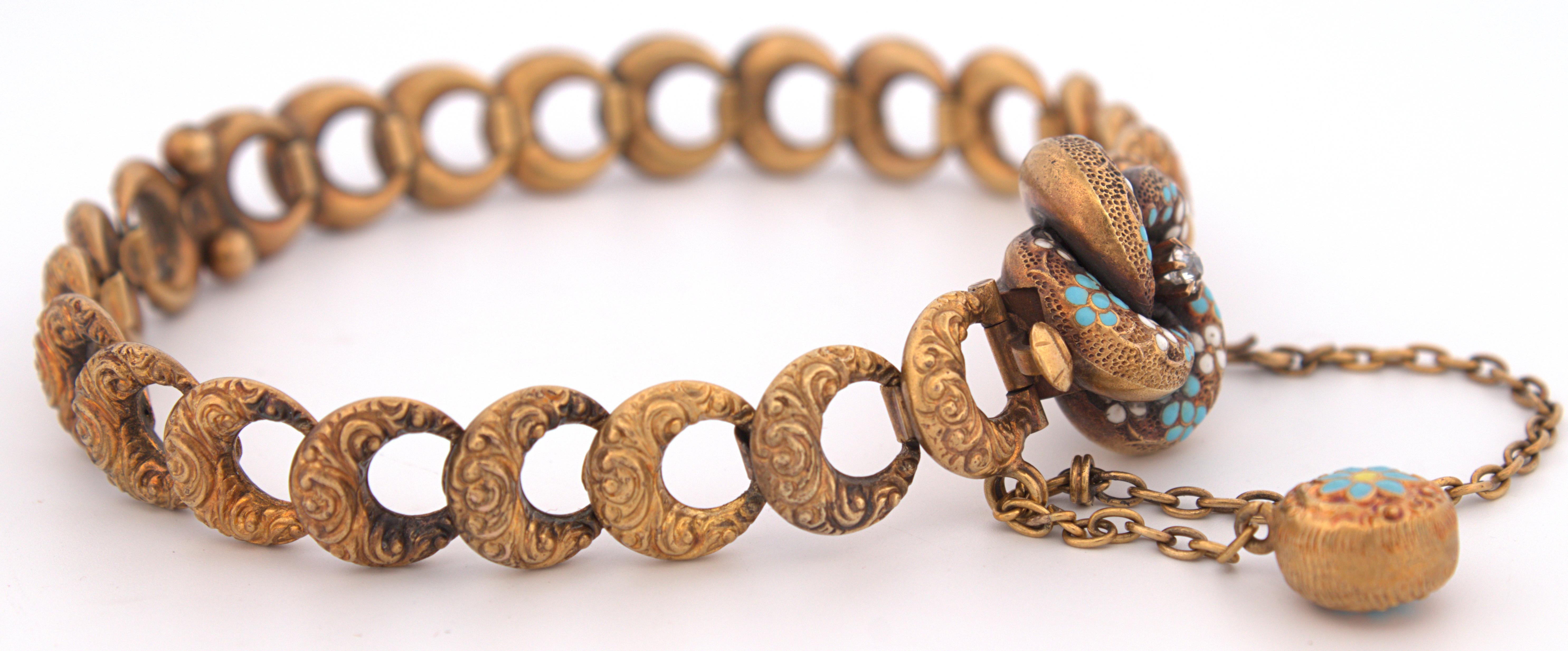 Viktorianisches Krementz-Gliederarmband aus 14 Karat Gelbgold mit Diamanten und Emaille (Alteuropäischer Brillantschliff) im Angebot