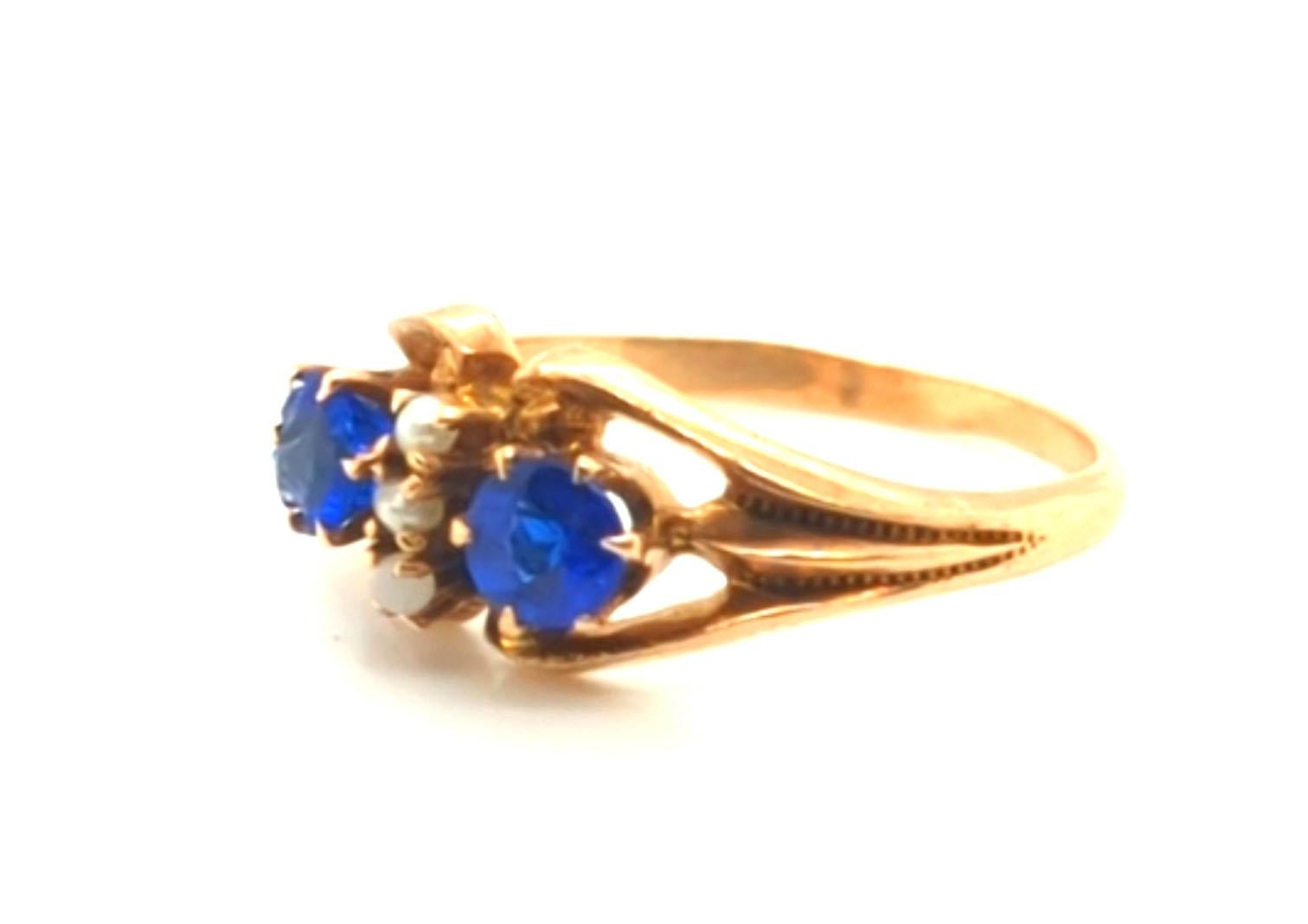 Round Cut Victorian Lab Grown Sapphire Ring Seed Pearls .80ct Original 1880's Yellow Gold For Sale