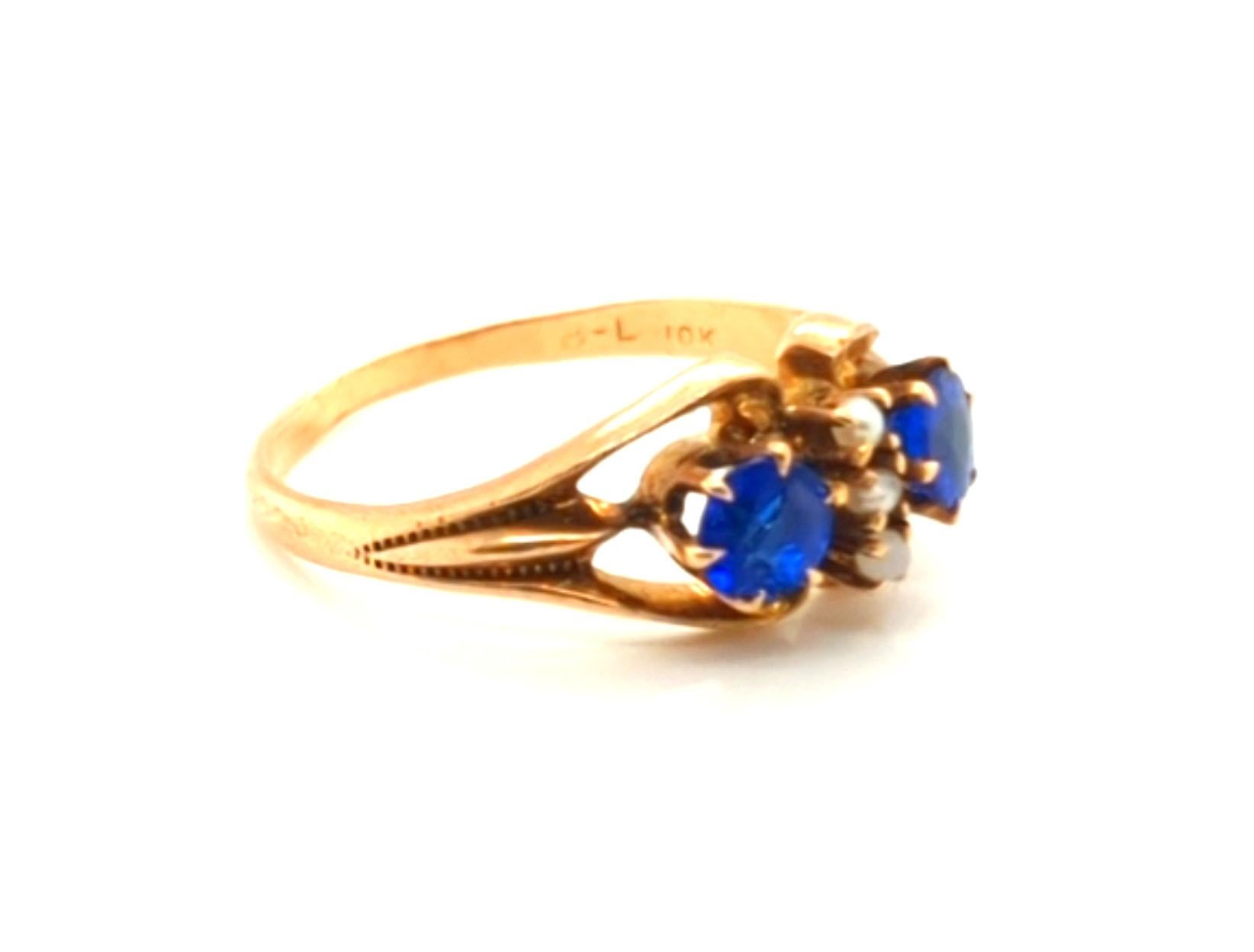 Victorian Lab Grown Sapphire Ring Seed Pearls .80ct Original 1880's Yellow Gold In Excellent Condition For Sale In Dearborn, MI