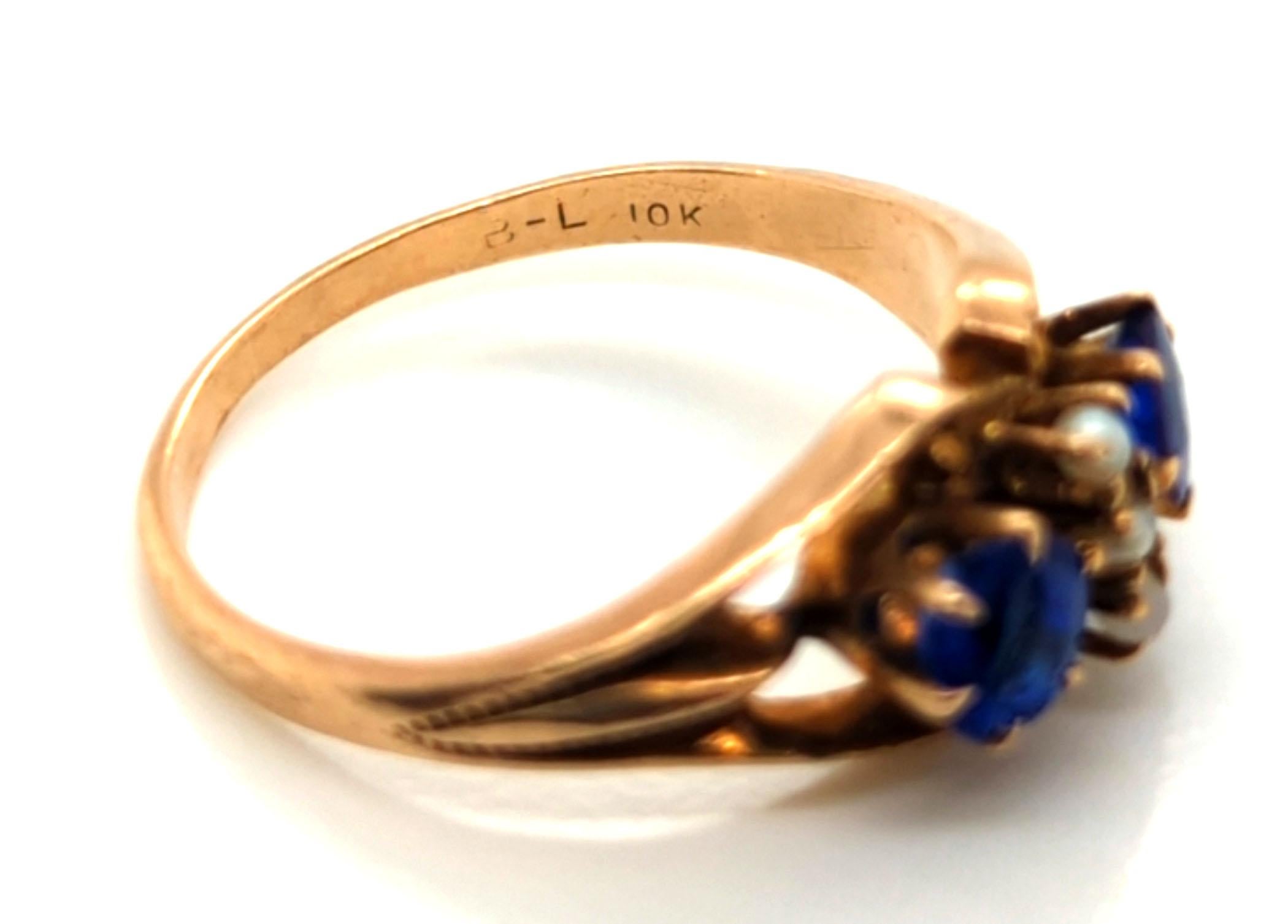 Women's Victorian Lab Grown Sapphire Ring Seed Pearls .80ct Original 1880's Yellow Gold For Sale