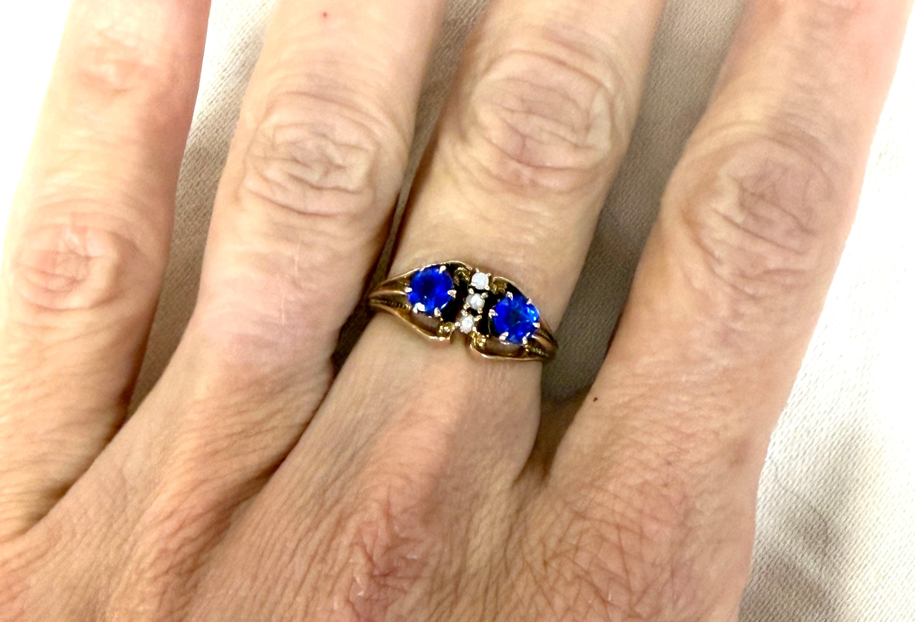 Victorian Lab Grown Sapphire Ring Seed Pearls .80ct Original 1880's Yellow Gold For Sale 2