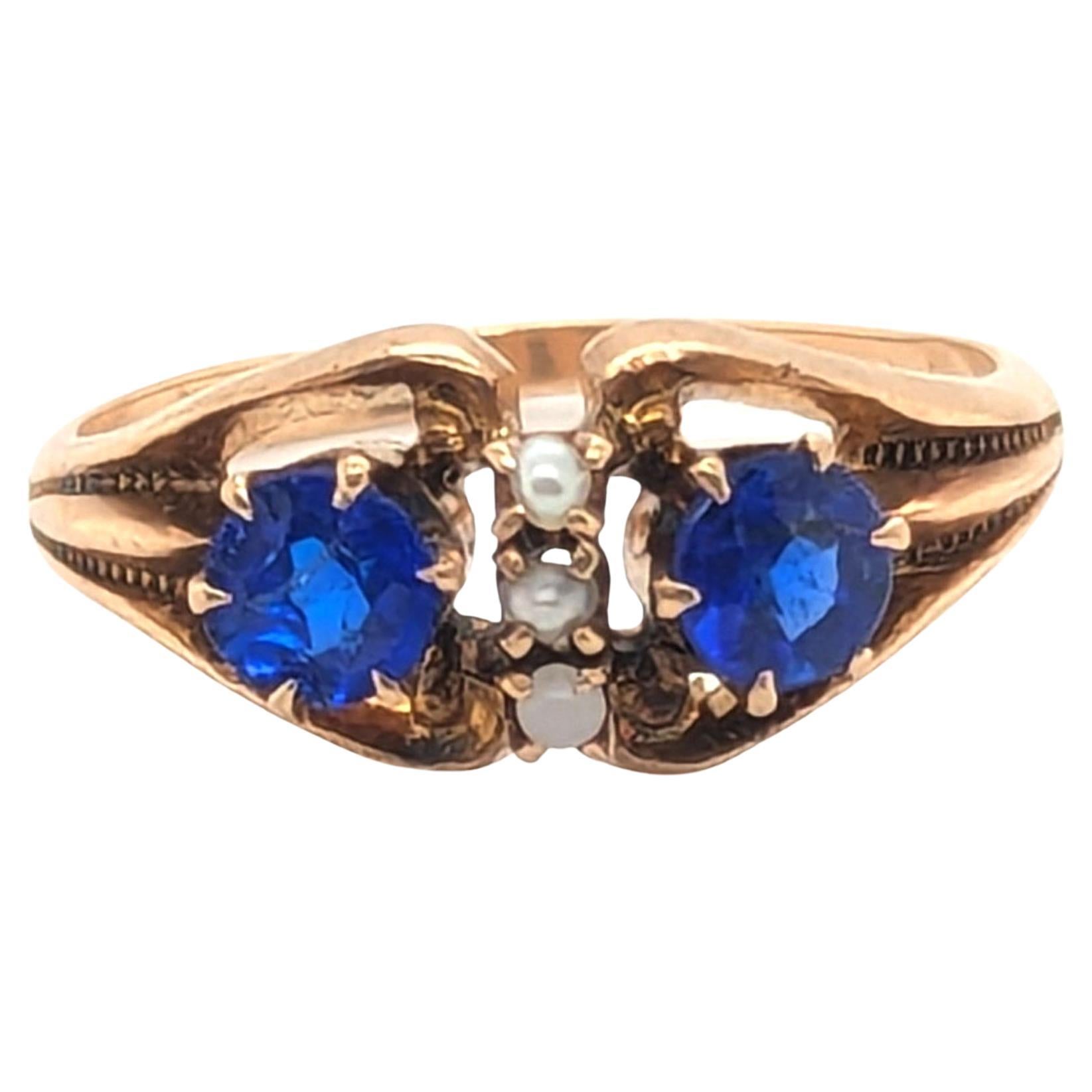Victorian Lab Grown Sapphire Ring Seed Pearls .80ct Original 1880
s Yellow Gold For Sale