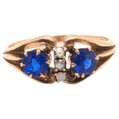 Victorian Lab Grown Sapphire Ring Seed Pearls .80ct Original 1880
s Yellow Gold