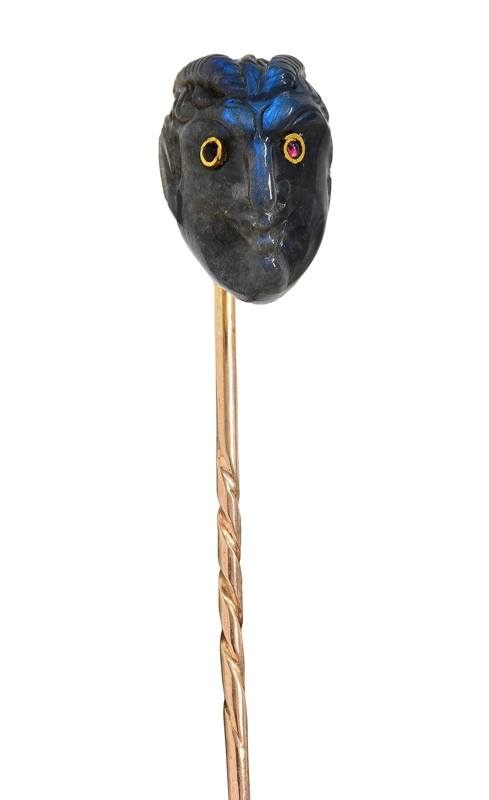 Victorian Labradorite Ruby 14 Karat Yellow Gold Devil Antique Stickpin For Sale 6