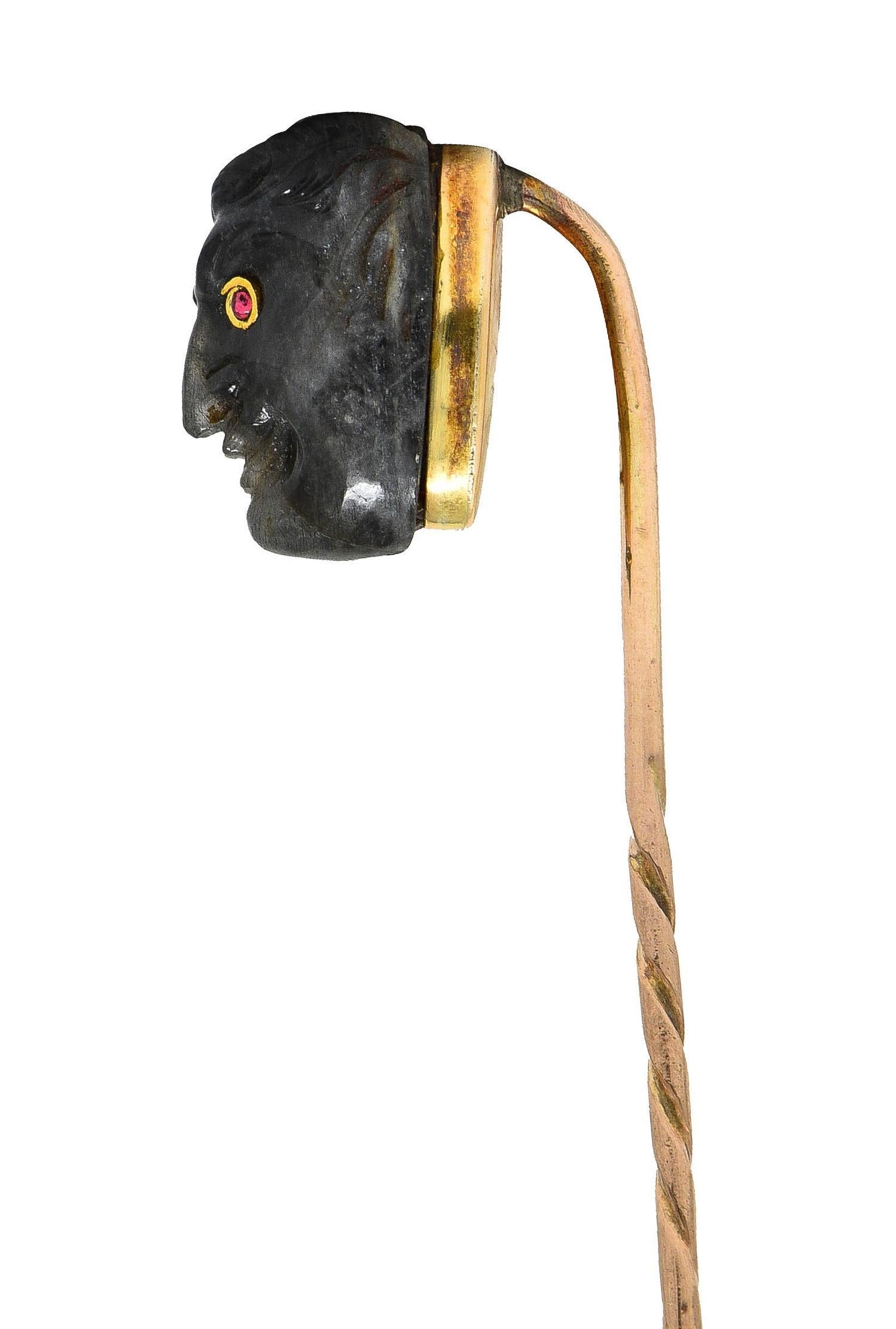 Cabochon Victorian Labradorite Ruby 14 Karat Yellow Gold Devil Antique Stickpin For Sale