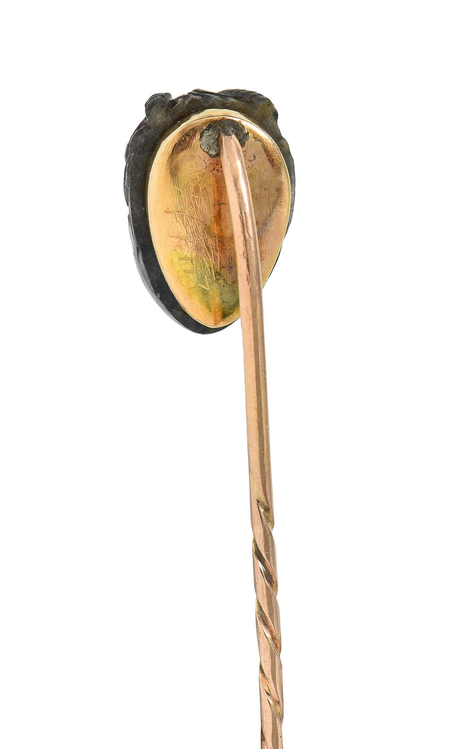 Victorian Labradorite Ruby 14 Karat Yellow Gold Devil Antique Stickpin In Excellent Condition For Sale In Philadelphia, PA