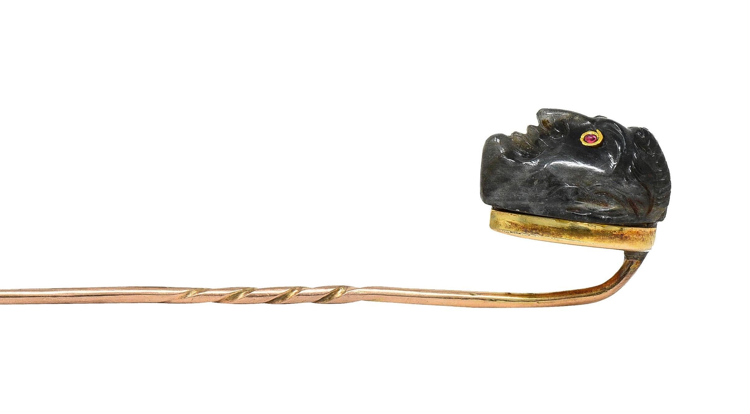 Victorian Labradorite Ruby 14 Karat Yellow Gold Devil Antique Stickpin For Sale 3
