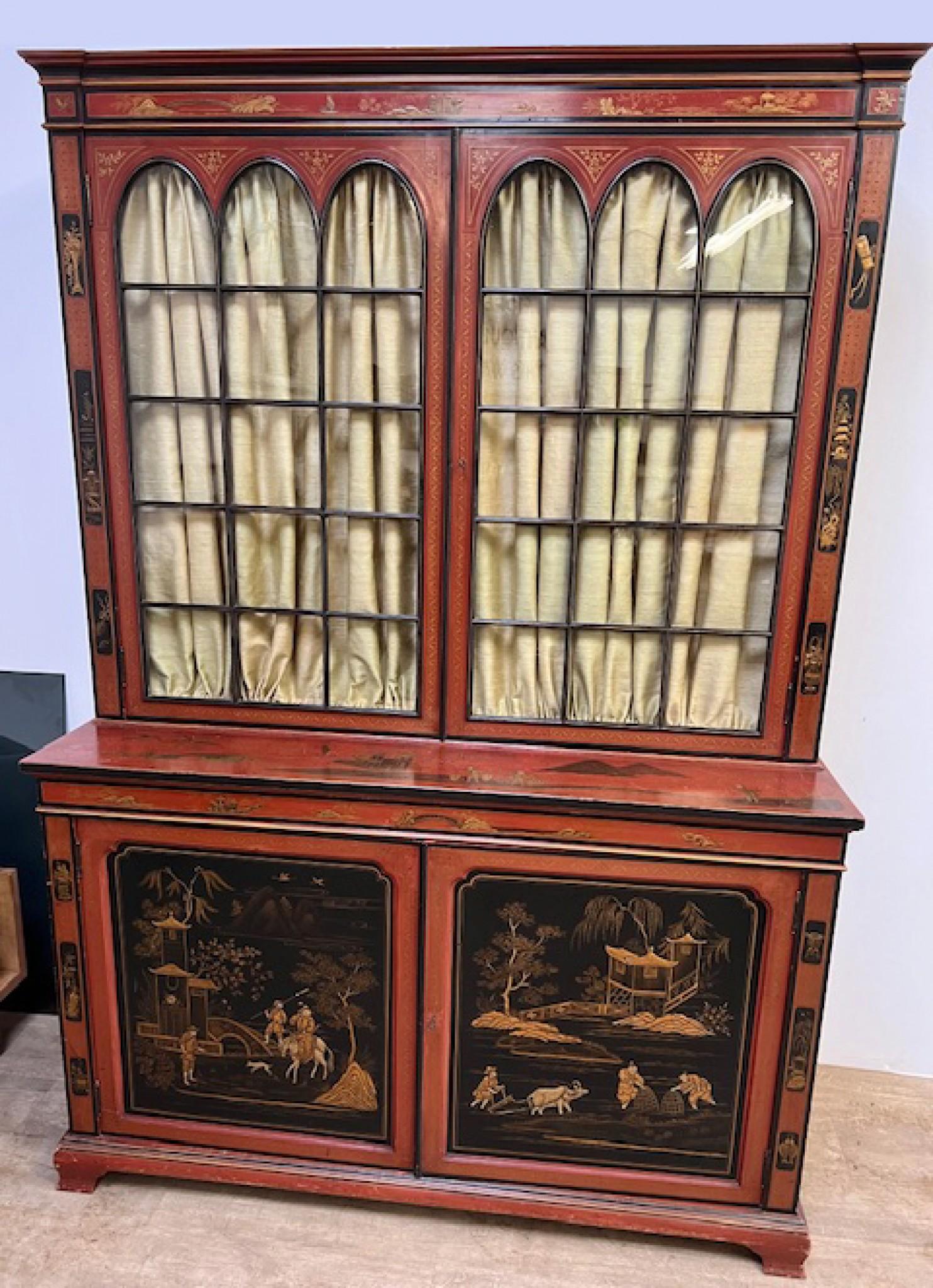 Victorian Lacquered Library Bookcase Cabinet Chinoiserie 1880 For Sale 7