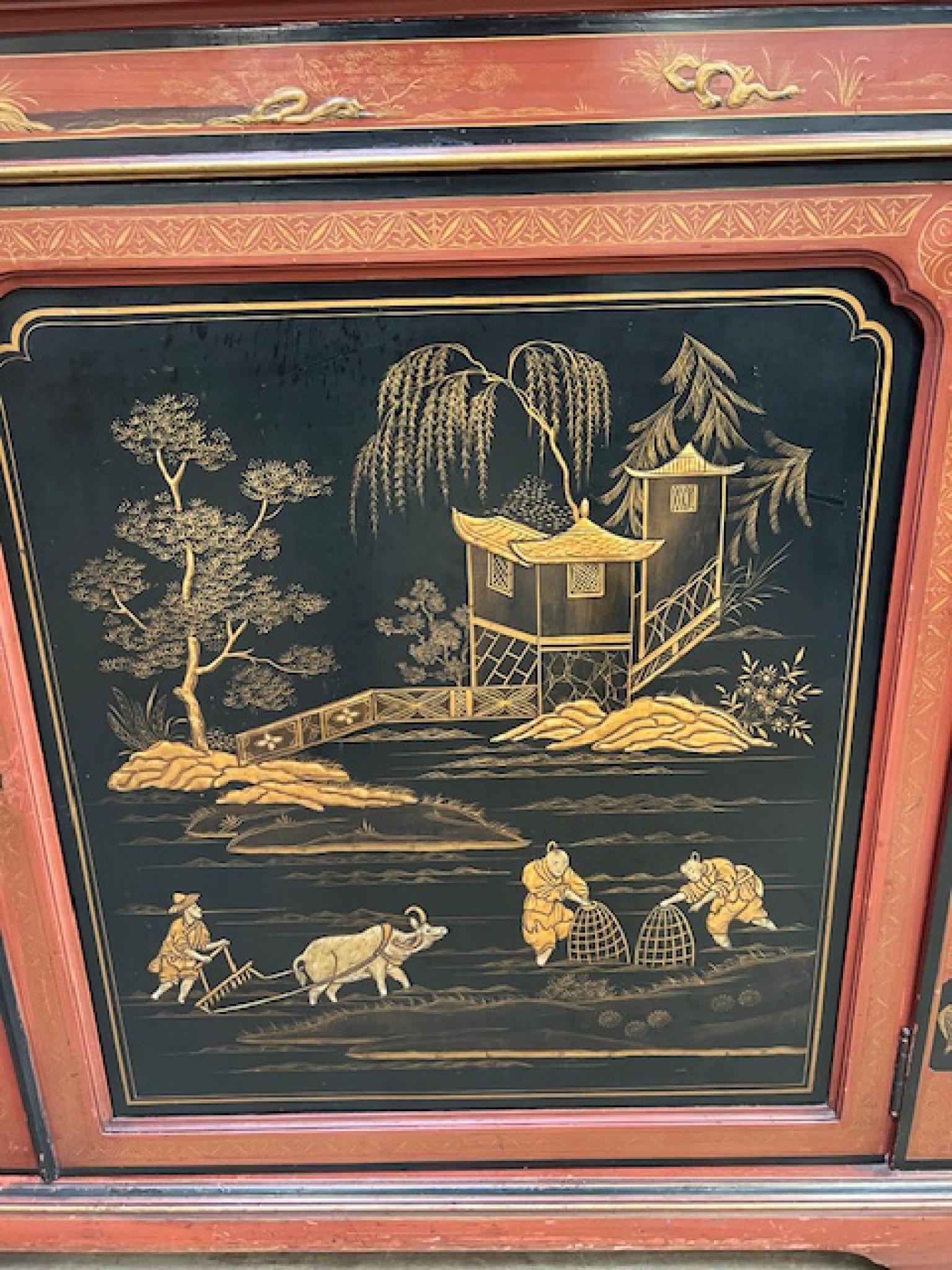 Victorian Lacquered Library Bookcase Cabinet Chinoiserie 1880 For Sale 8