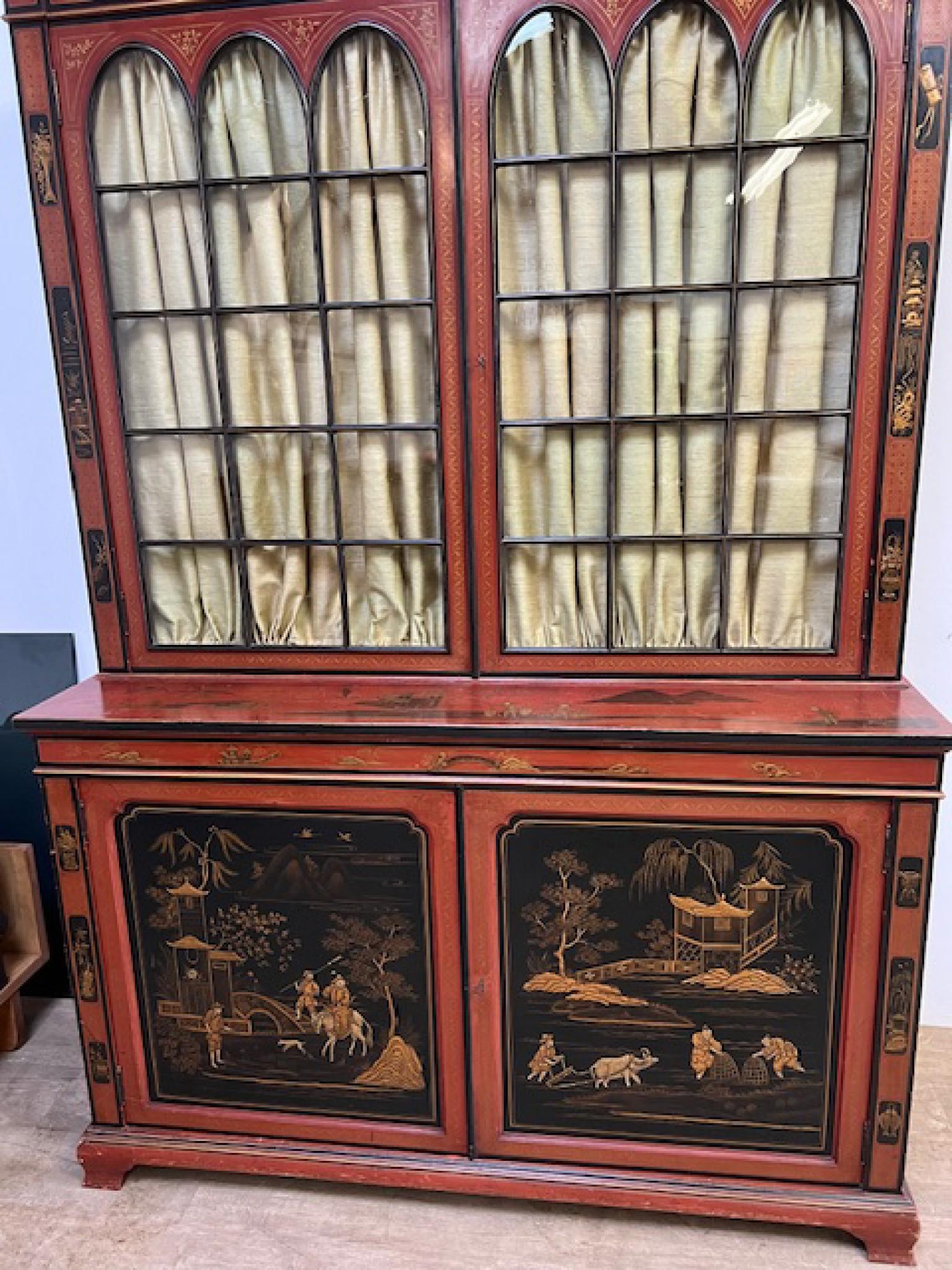 Victorian Lacquered Library Bookcase Cabinet Chinoiserie 1880 For Sale 9