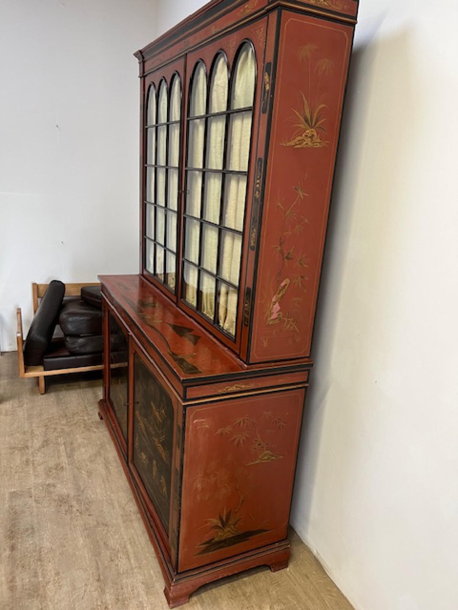 Late 19th Century Victorian Lacquered Library Bookcase Cabinet Chinoiserie 1880 For Sale