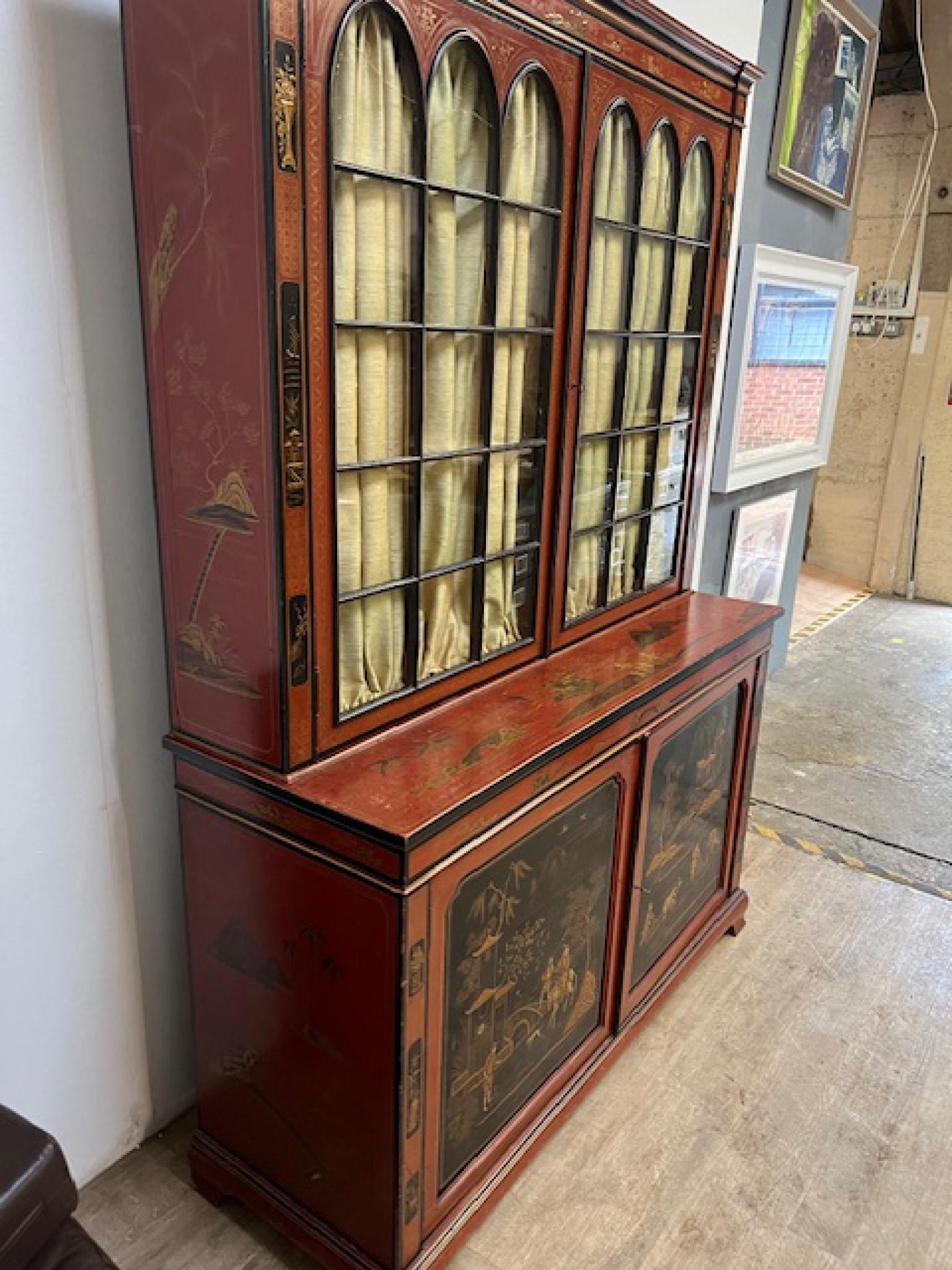 Glass Victorian Lacquered Library Bookcase Cabinet Chinoiserie 1880 For Sale
