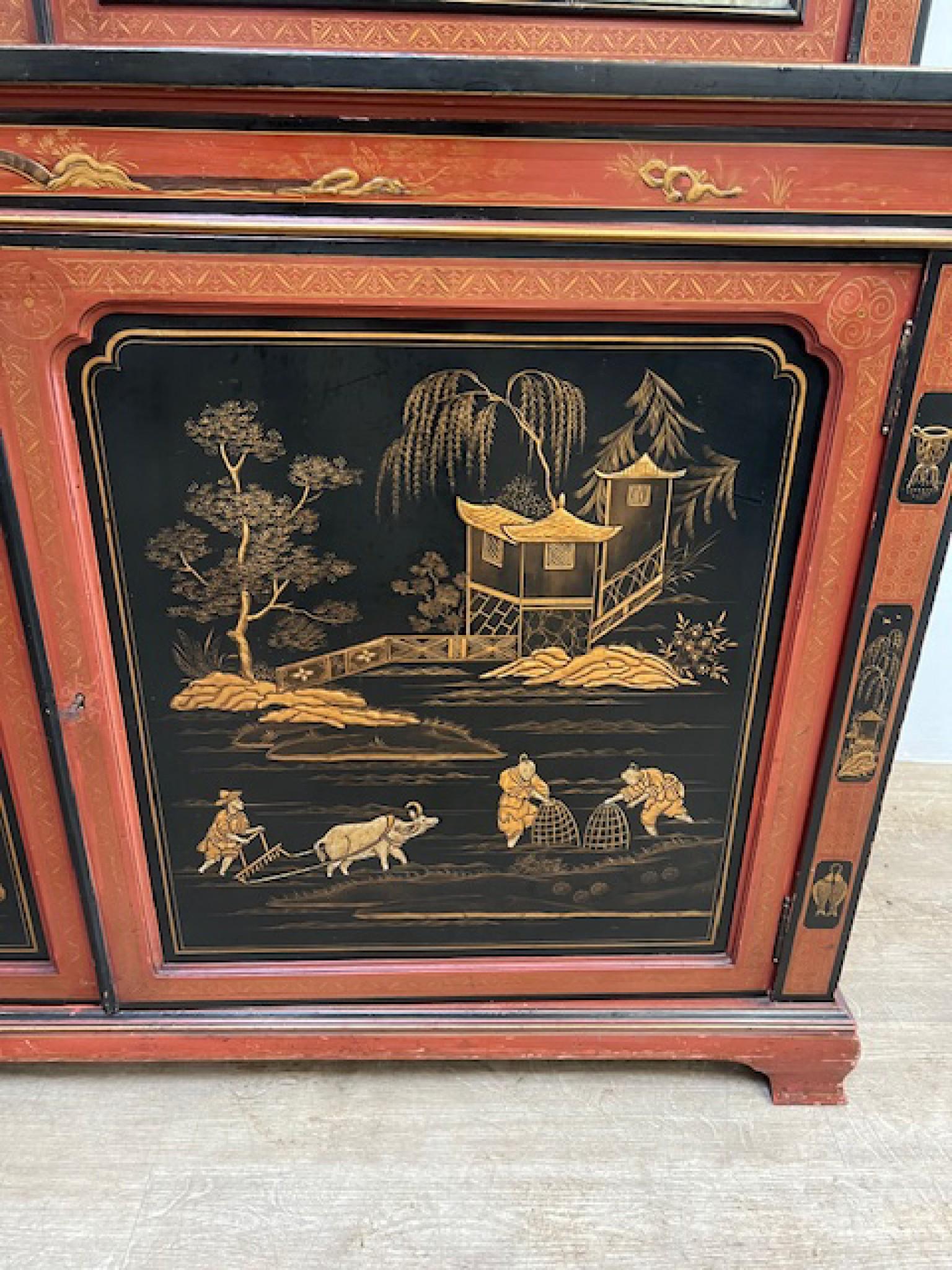 Victorian Lacquered Library Bookcase Cabinet Chinoiserie 1880 For Sale 2
