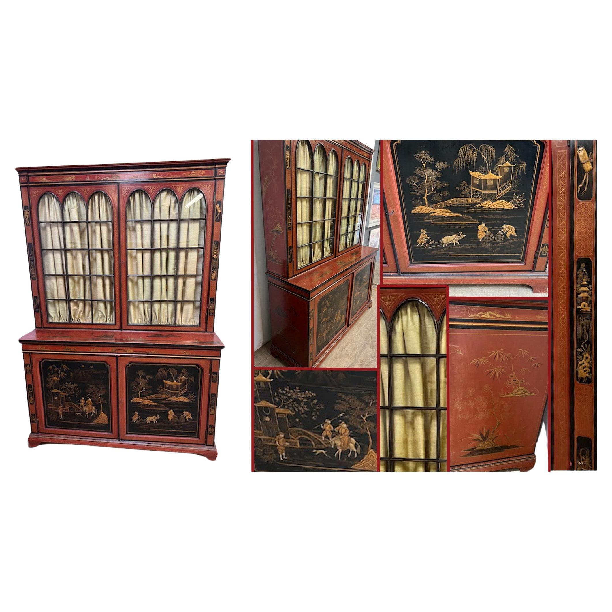 Victorian Lacquered Library Bookcase Cabinet Chinoiserie 1880 For Sale