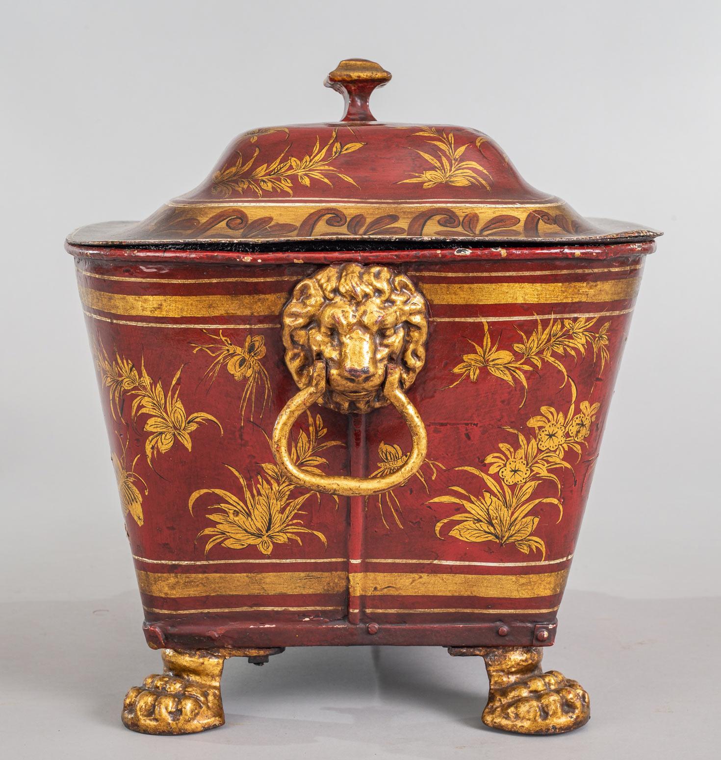 Gilt Victorian Lacquered Toleware Coal Bucket For Sale