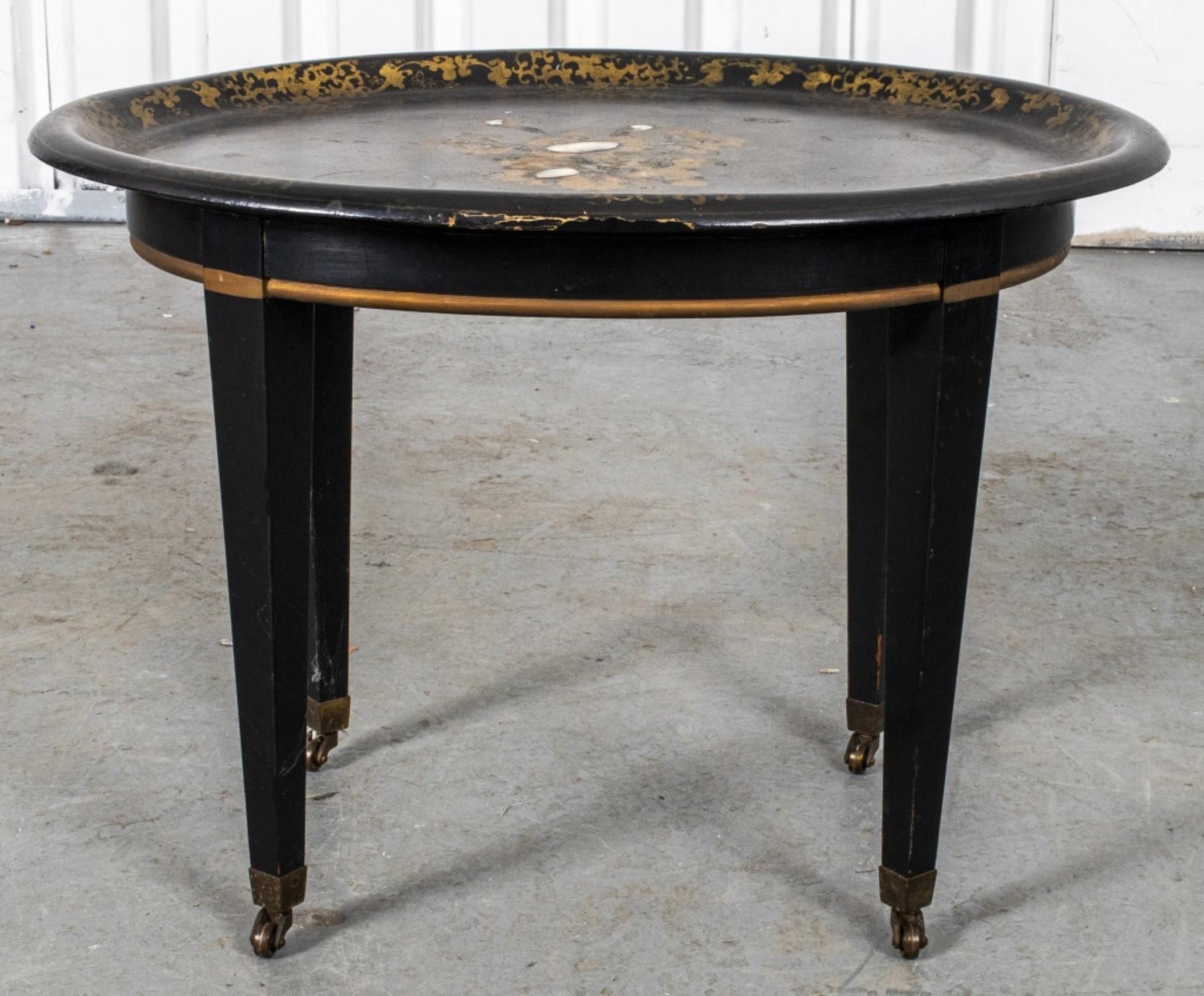 English Victorian Lacquered Tray Side Table For Sale