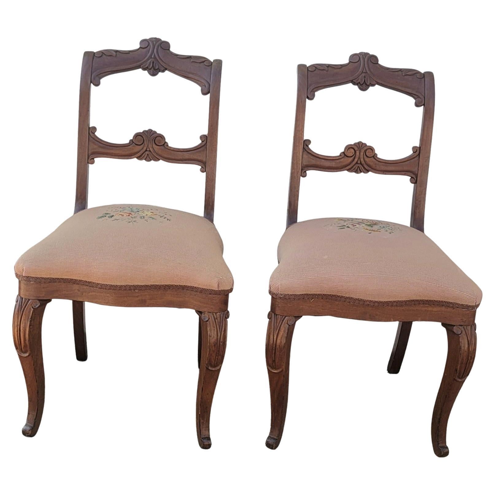 Victorian Ladder Back Carved Mahogany Needlepoint Upholstered Side Chairs,  Pair For Sale 5