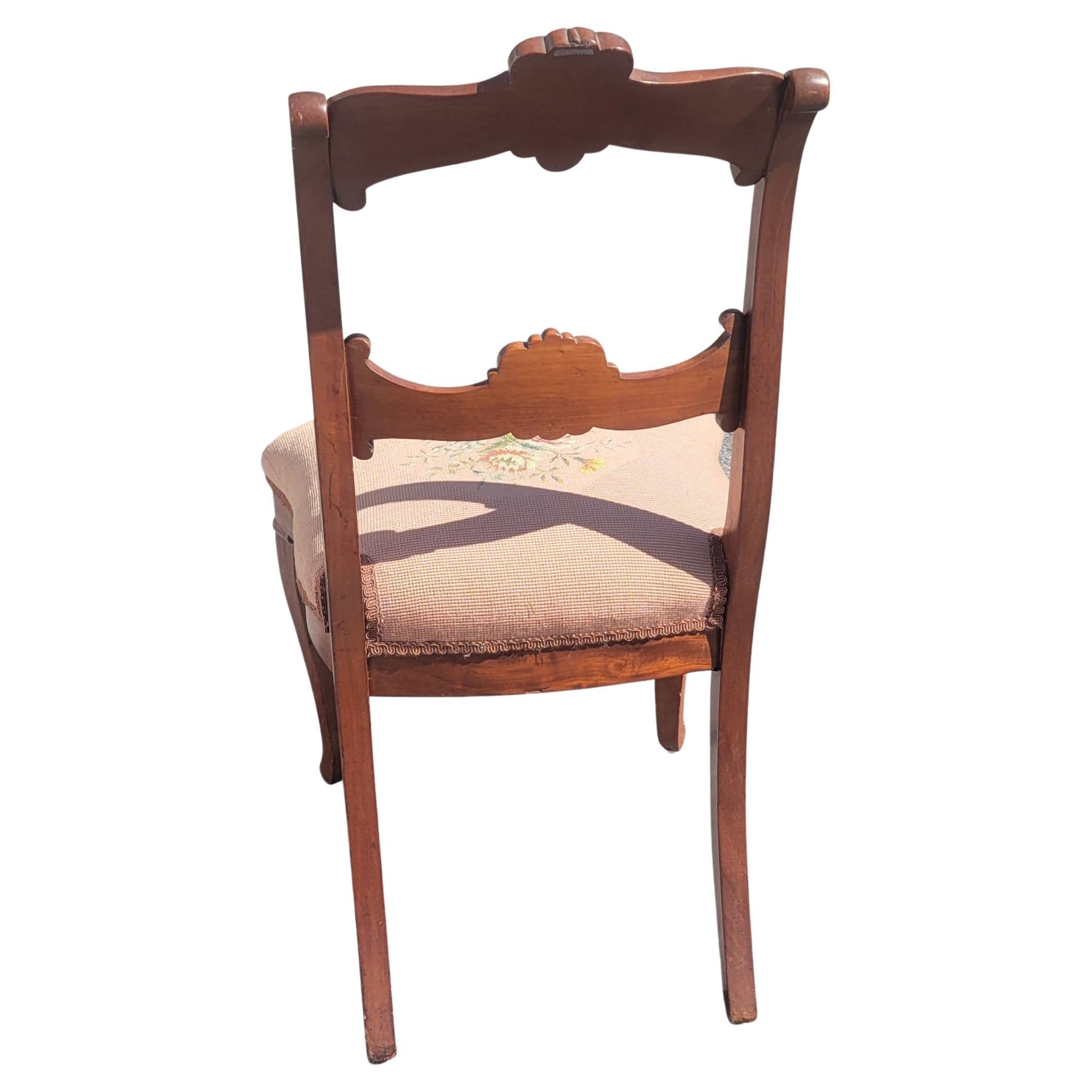 Late Victorian Victorian Ladder Back Carved Mahogany Needlepoint Upholstered Side Chairs,  Pair For Sale