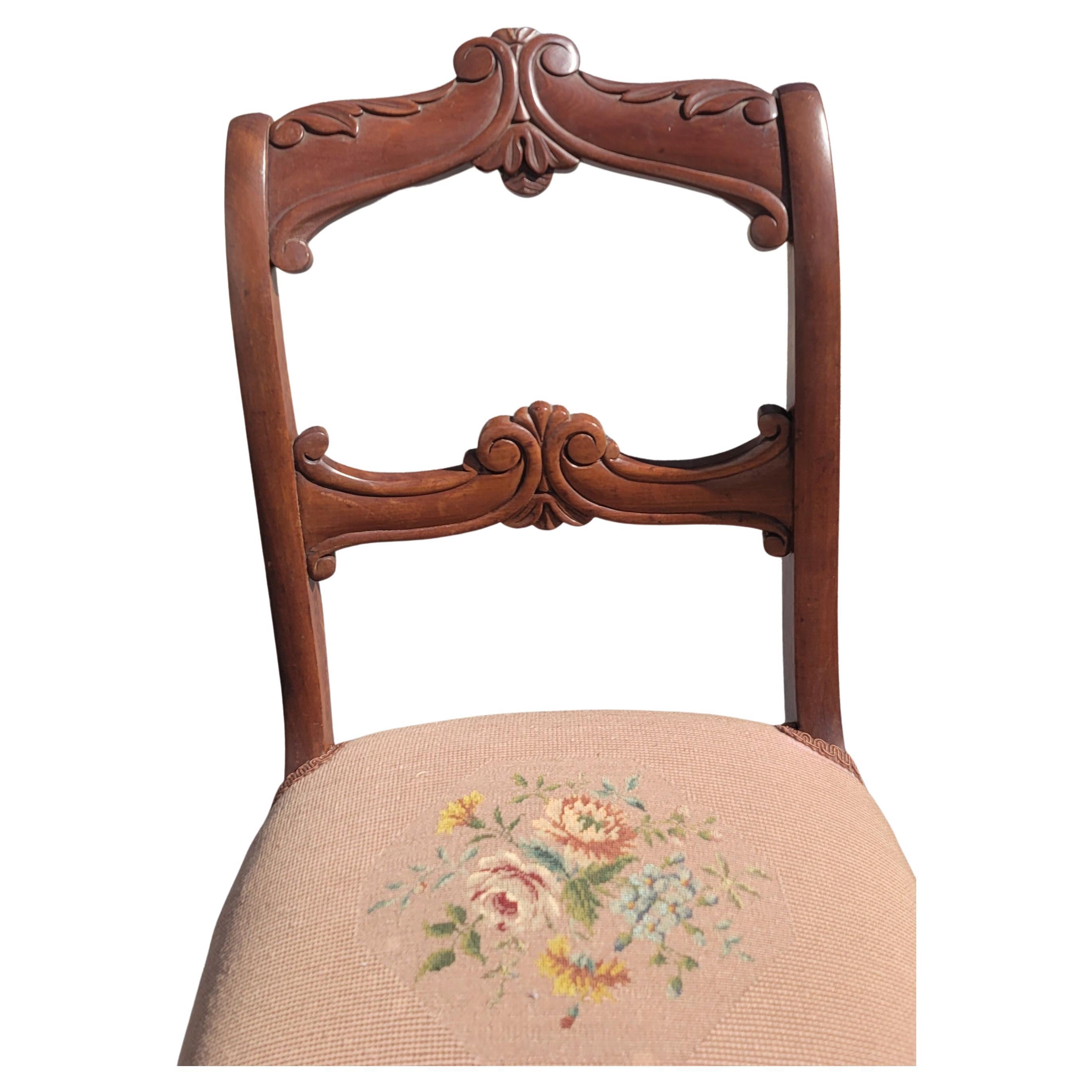 20th Century Victorian Ladder Back Carved Mahogany Needlepoint Upholstered Side Chairs,  Pair For Sale