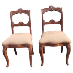 Victorian Ladder Back Carved Mahogany Needlepoint Upholstered Side Chairs,  Pair