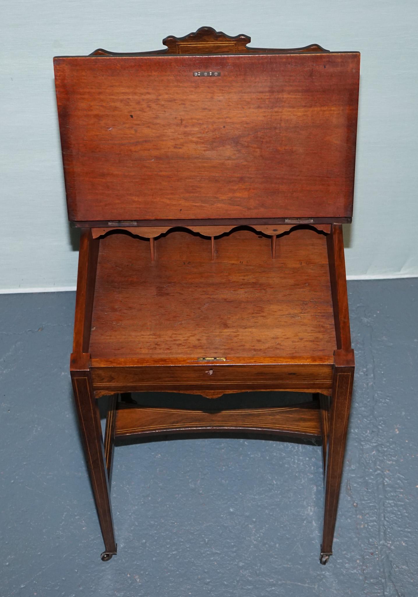 VICTORIAN LADIES WRITING DAVENPORT DESK WITH INLAY & LEATHER WRITiNG SURFACE For Sale 3