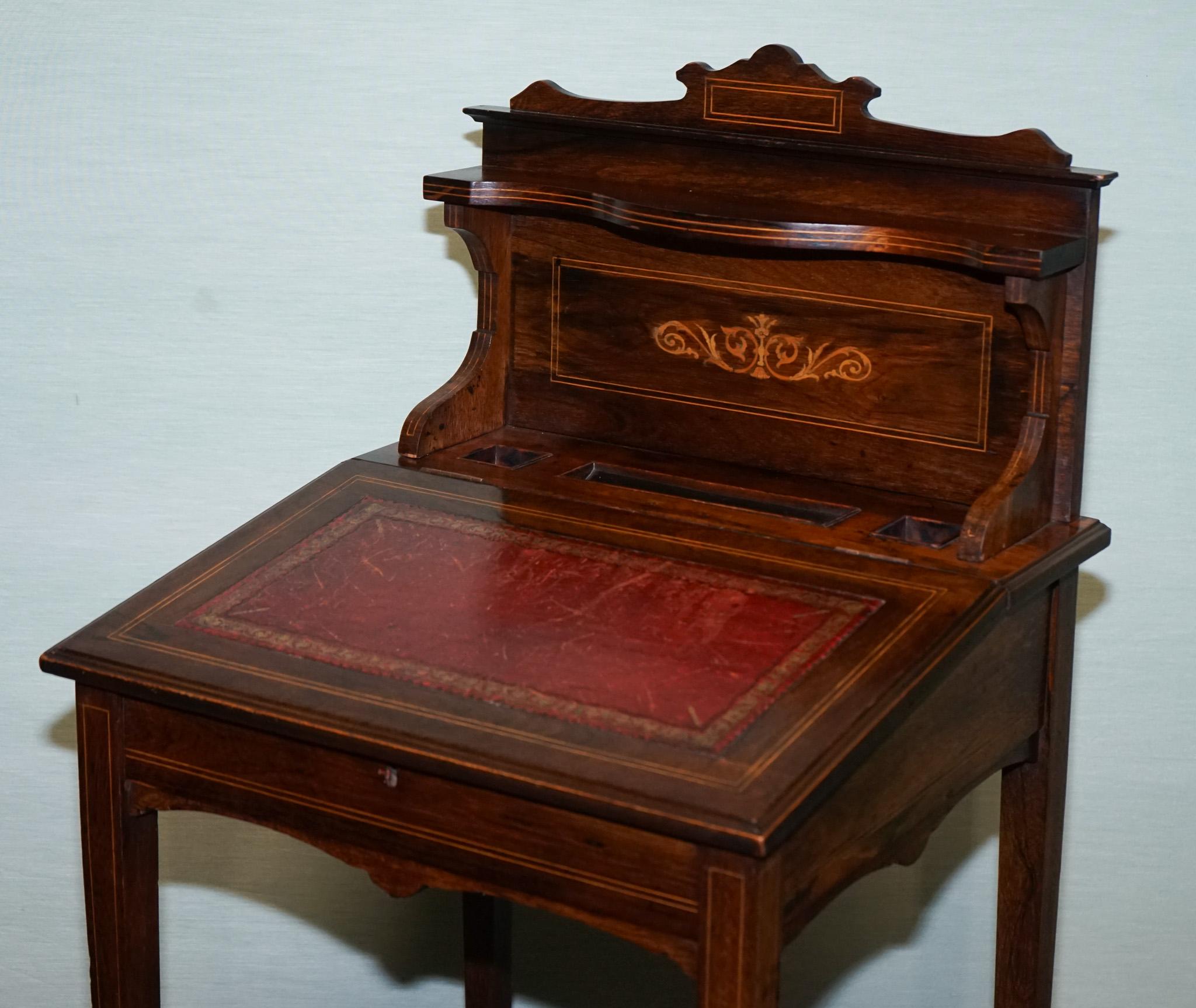 VICTORIAN LADIES WRITING DAVENPORT DESK WITH INLAY & LEATHER WRITiNG SURFACE For Sale 11