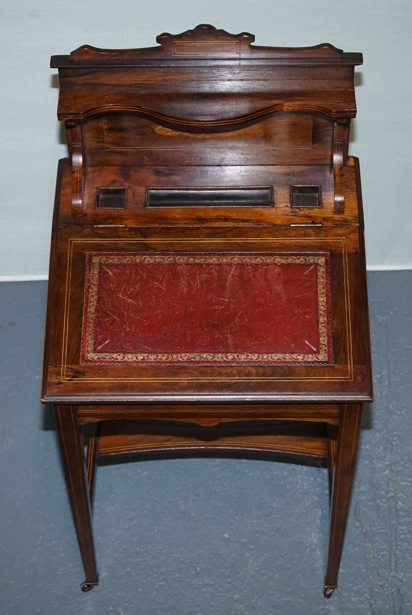 Hardwood VICTORIAN LADIES WRITING DAVENPORT DESK WITH INLAY & LEATHER WRITiNG SURFACE For Sale