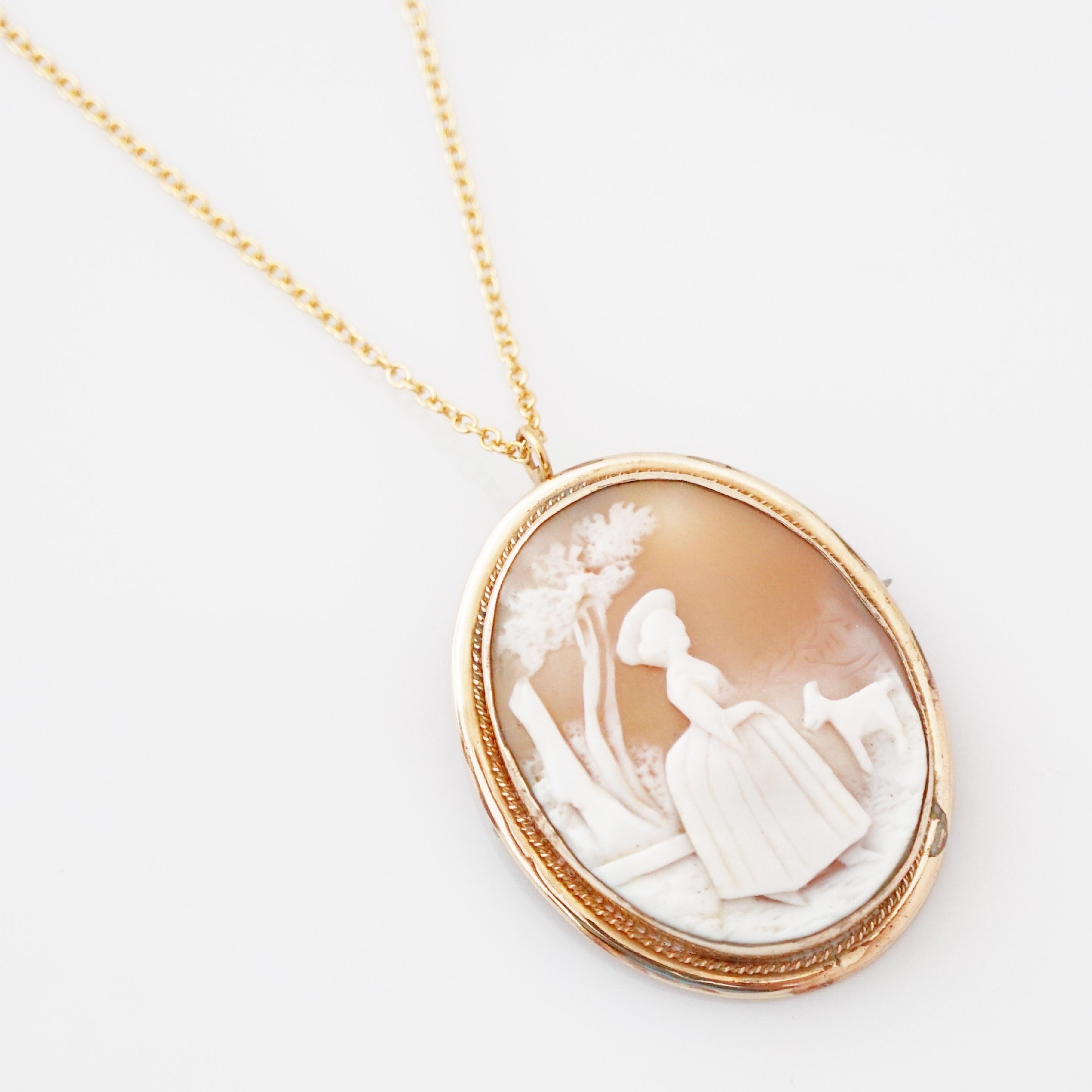Victorian Lady with Lamb Carved Shell Cameo Brooch/Necklace, 1920s In Good Condition For Sale In McKinney, TX