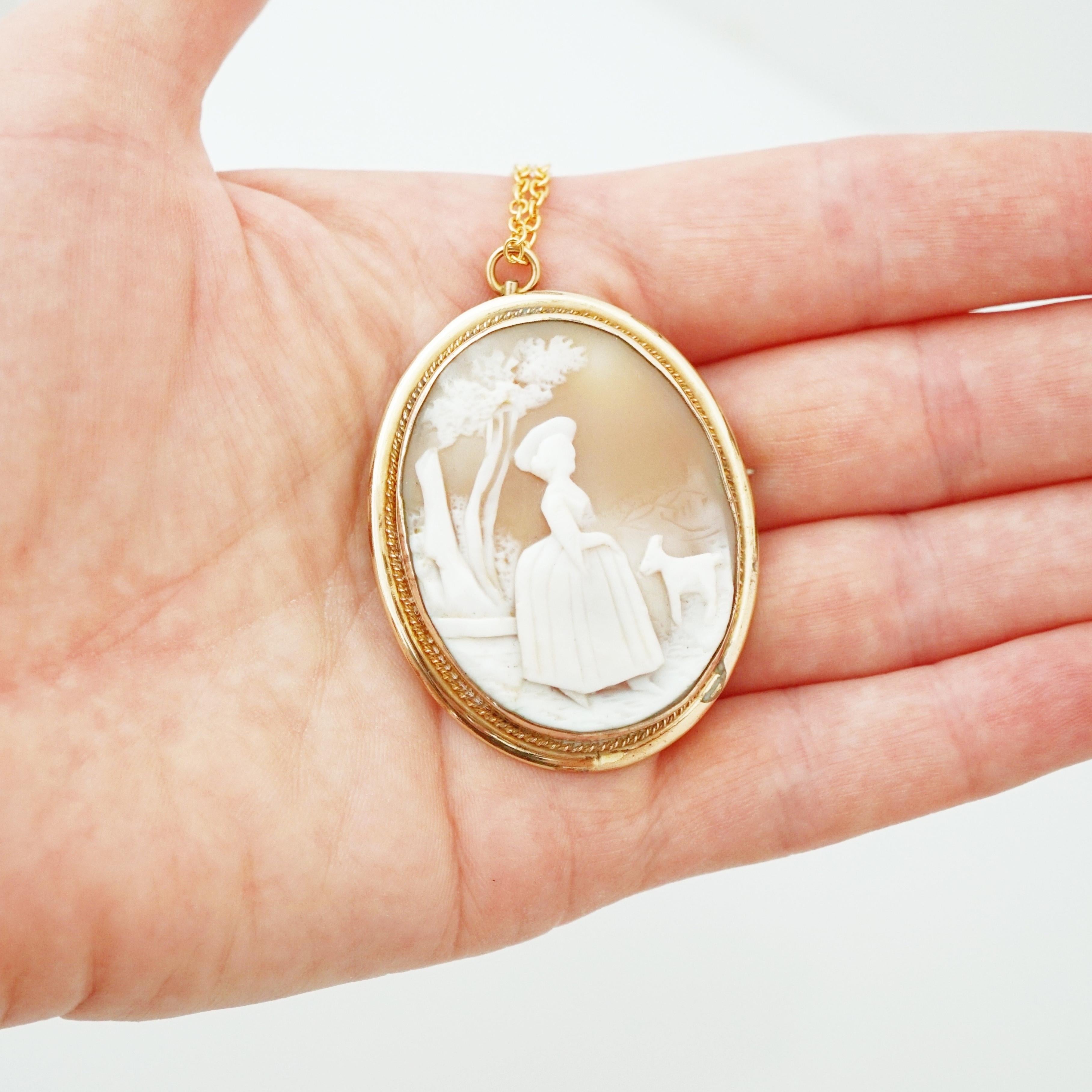 Victorian Lady with Lamb Carved Shell Cameo Brooch/Necklace, 1920s For Sale 2