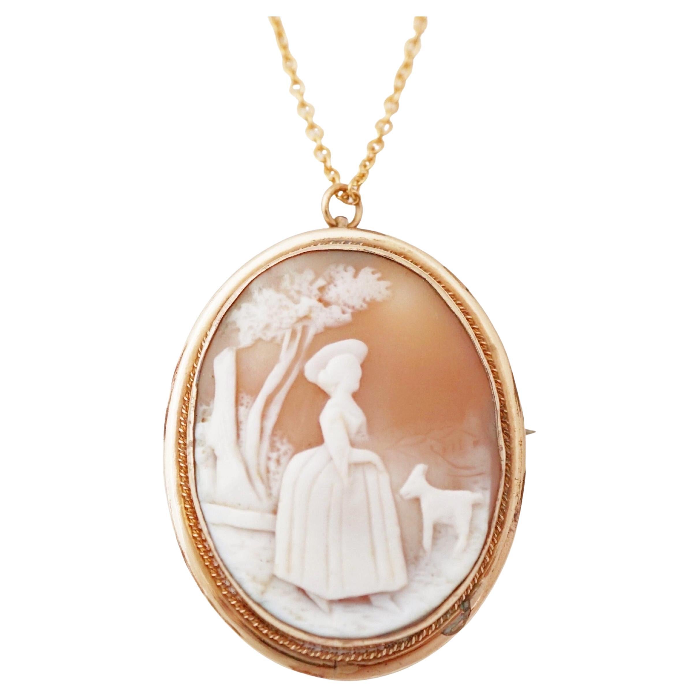 Victorian Lady with Lamb Carved Shell Cameo Brooch/Necklace, 1920s For Sale