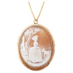 Vintage Victorian Lady with Lamb Carved Shell Cameo Brooch/Necklace, 1920s